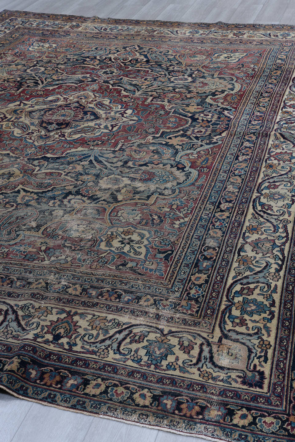 9' x 13' one-of-a-kind handmade vintage Meshed large size rug. Color palette: ivory, navy, rust, sky blue, slate, burgundy