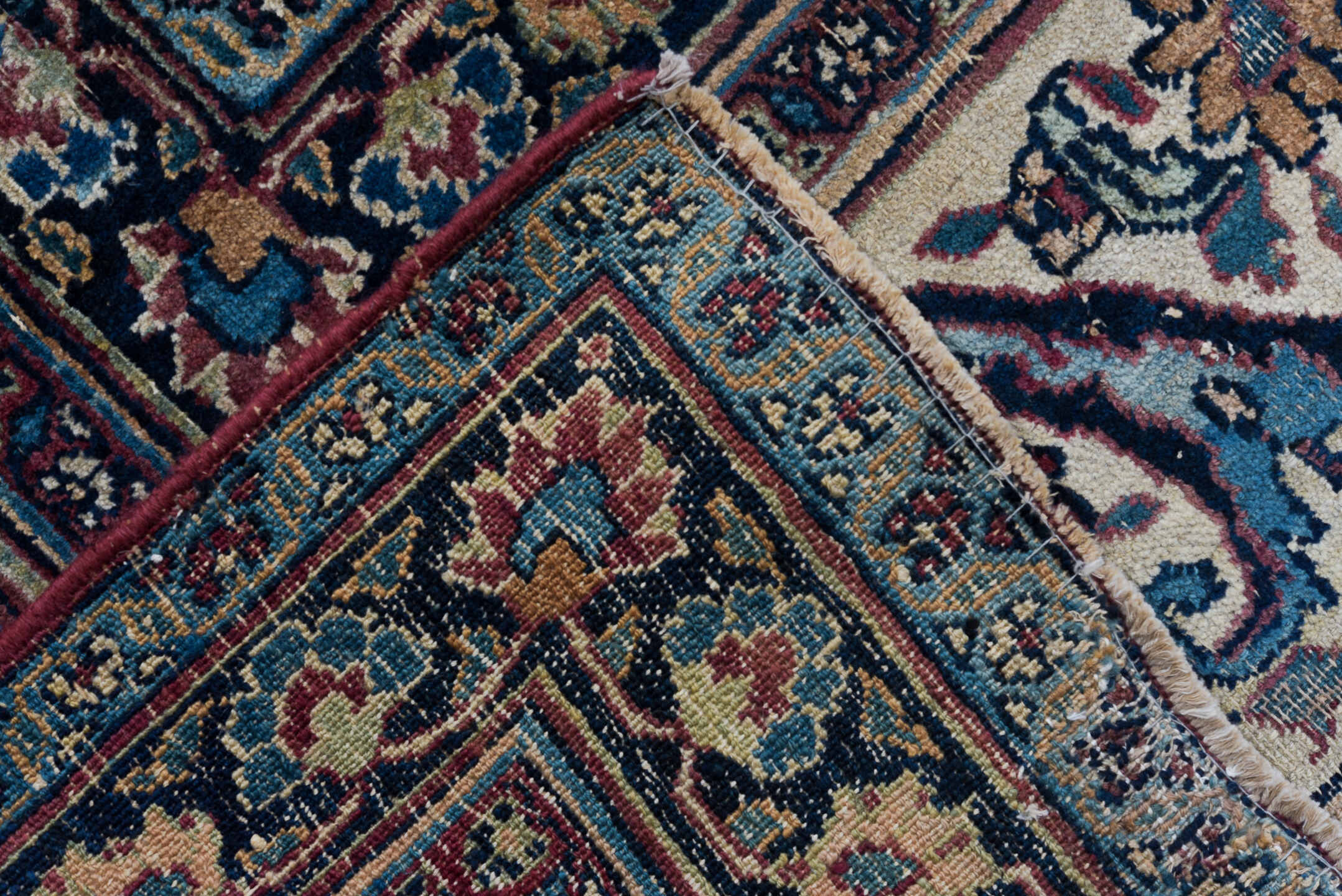 9' x 13' one-of-a-kind handmade vintage Meshed large size rug. Color palette: ivory, navy, rust, sky blue, slate, burgundy