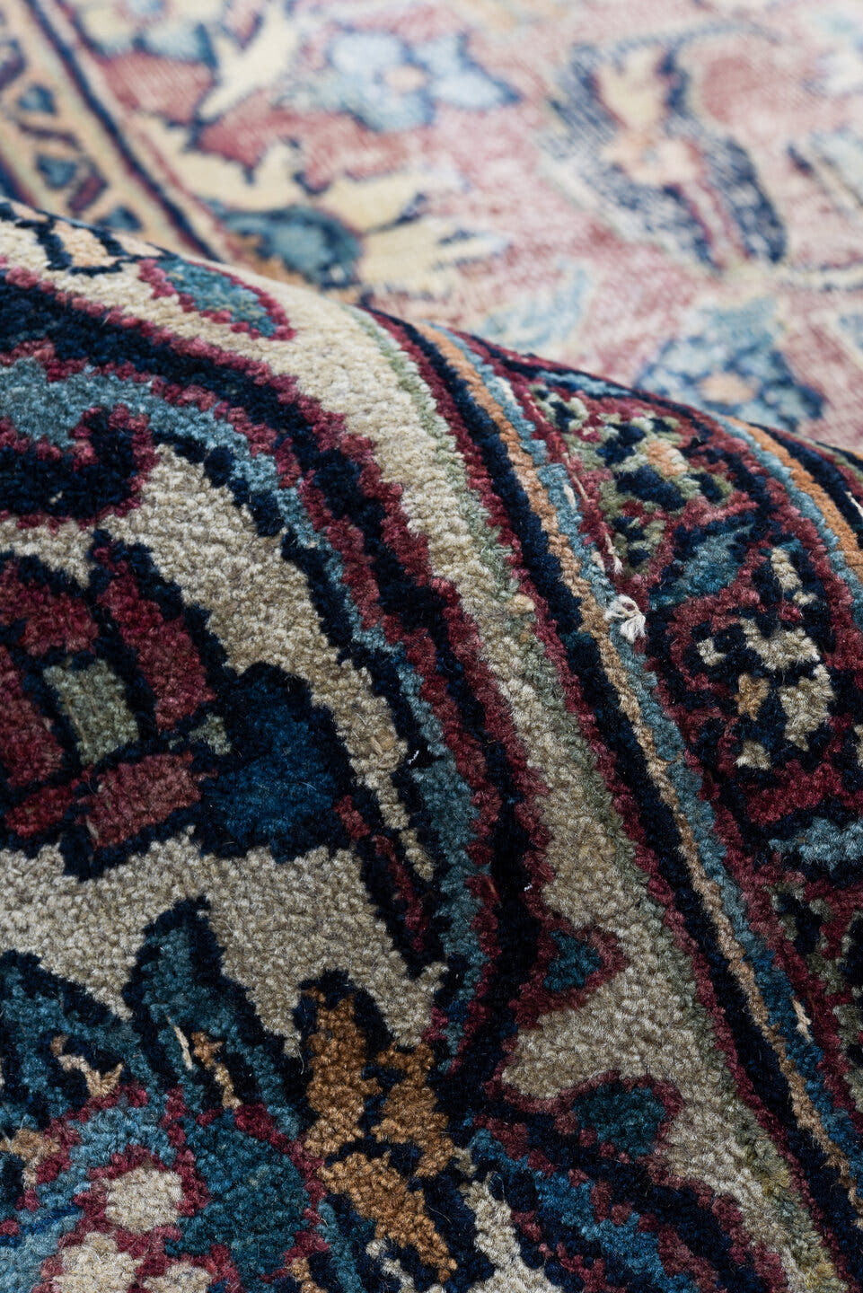 9' x 13' one-of-a-kind handmade vintage Meshed large size rug. Color palette: ivory, navy, rust, sky blue, slate, burgundy
