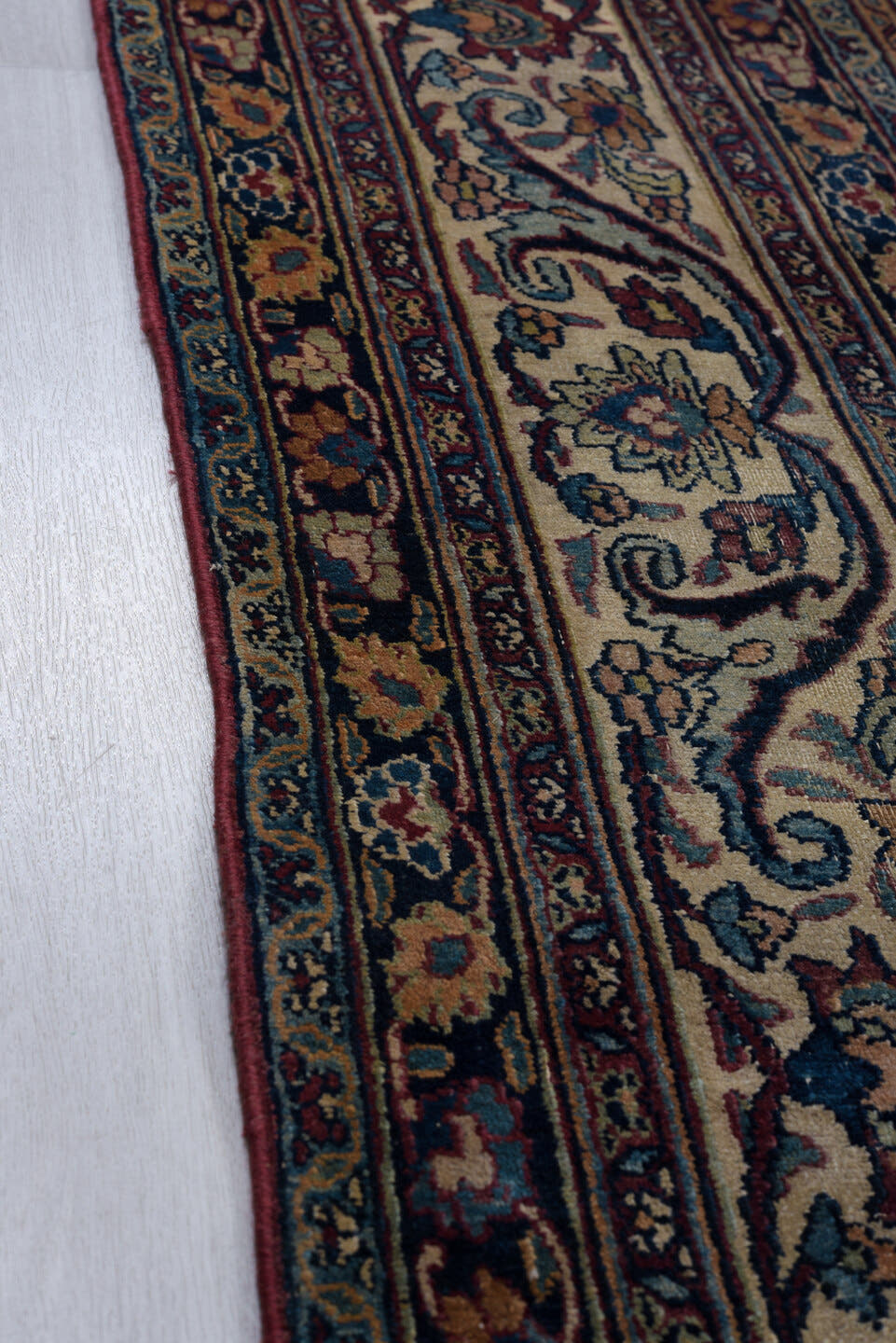 9' x 13' one-of-a-kind handmade vintage Meshed large size rug. Color palette: ivory, navy, rust, sky blue, slate, burgundy