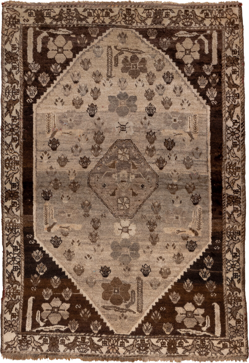3' x 5' one-of-a-kind handmade vintage Gabbe small size rug. Color palette: ivory, taupe, brown, charcoal, camel, beige
