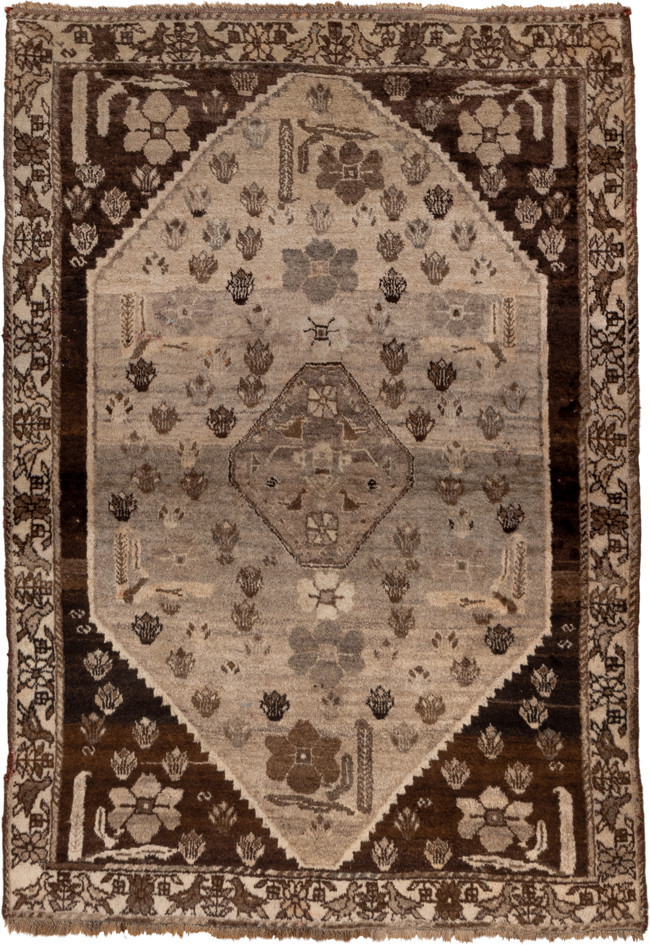 3' x 5' one-of-a-kind handmade vintage Gabbe small size rug. Color palette: ivory, taupe, brown, charcoal, camel, beige