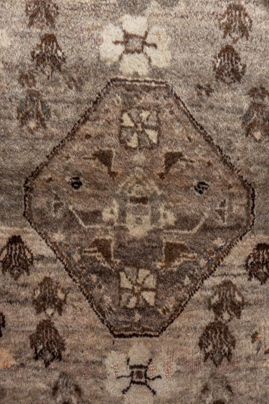 3' x 5' one-of-a-kind handmade vintage Gabbe small size rug. Color palette: ivory, taupe, brown, charcoal, camel, beige