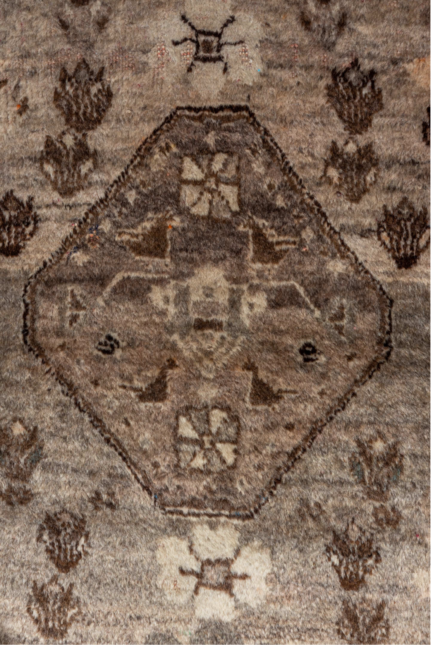 3' x 5' one-of-a-kind handmade vintage Gabbe small size rug. Color palette: ivory, taupe, brown, charcoal, camel, beige