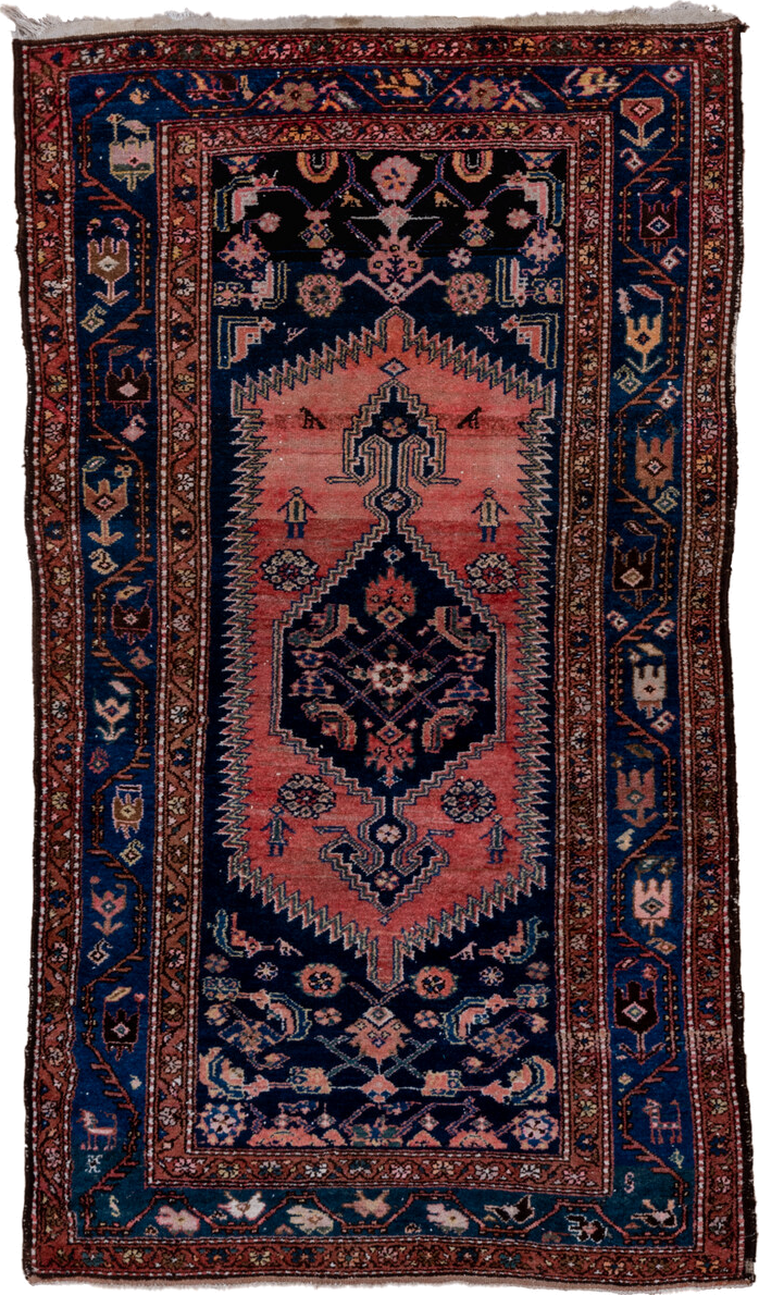 3' x 7' one-of-a-kind handmade vintage Malayer rug. Color palette: navy, rose, rust, ivory, coral, teal, charcoal, blue