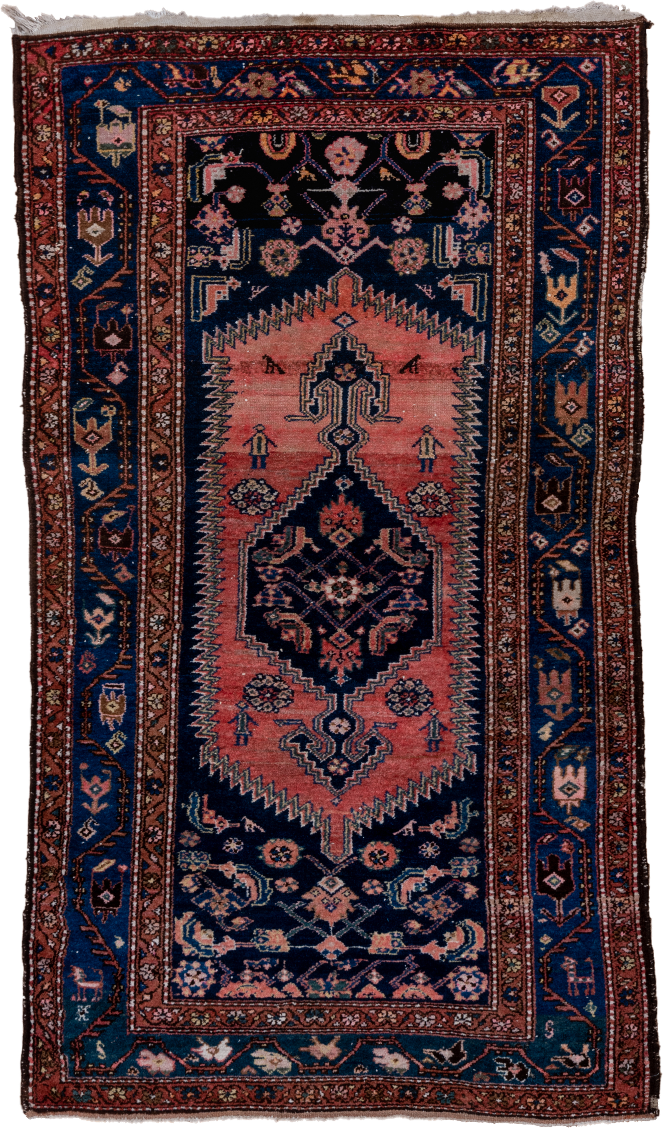 3' x 7' one-of-a-kind handmade vintage Malayer rug. Color palette: navy, rose, rust, ivory, coral, teal, charcoal, blue