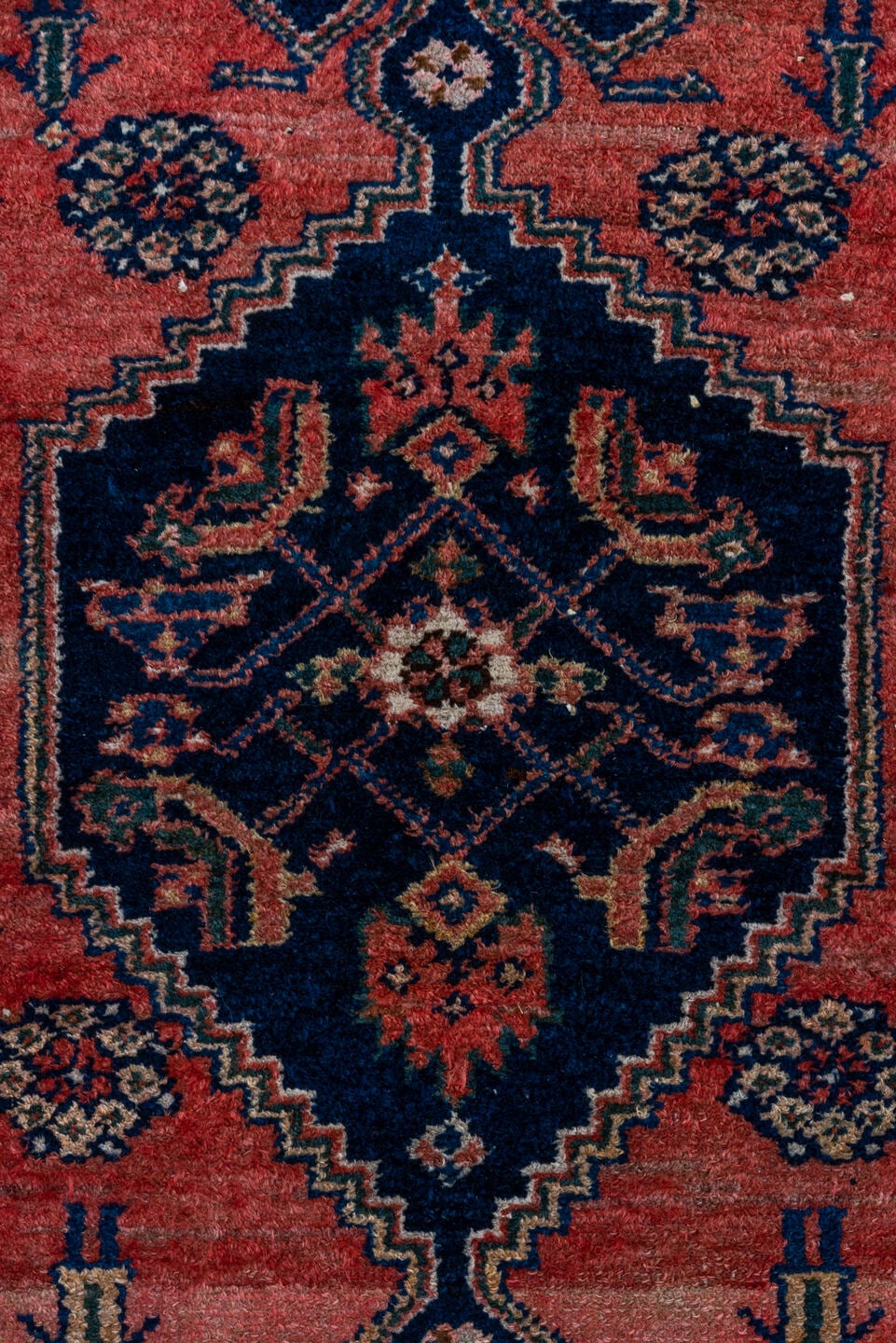 3' x 7' one-of-a-kind handmade vintage Malayer rug. Color palette: navy, rose, rust, ivory, coral, teal, charcoal, blue