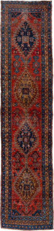 3' x 13' one-of-a-kind handmade vintage Heriz runner rug. Color palette: rust, navy, sky blue, camel, ivory, terracotta