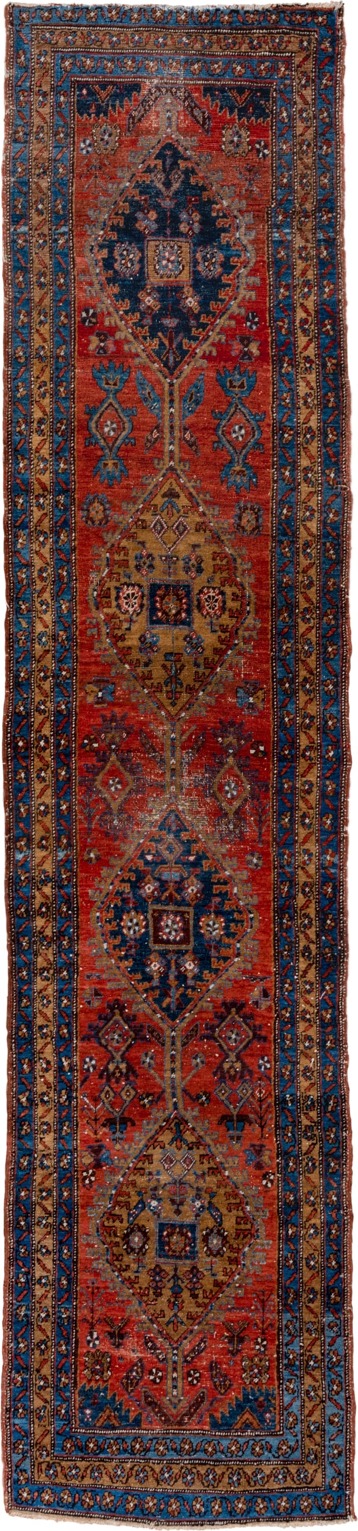 3' x 13' one-of-a-kind handmade vintage Heriz runner rug. Color palette: rust, navy, sky blue, camel, ivory, terracotta