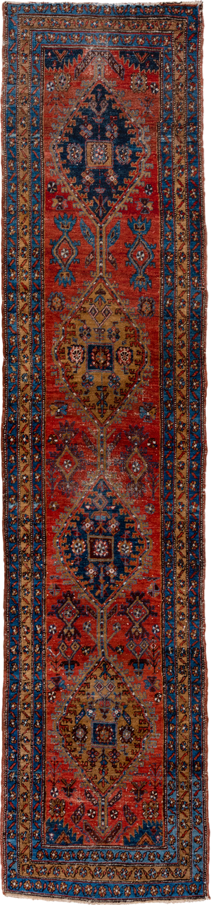 3' x 13' one-of-a-kind handmade vintage Heriz runner rug. Color palette: rust, navy, sky blue, camel, ivory, terracotta