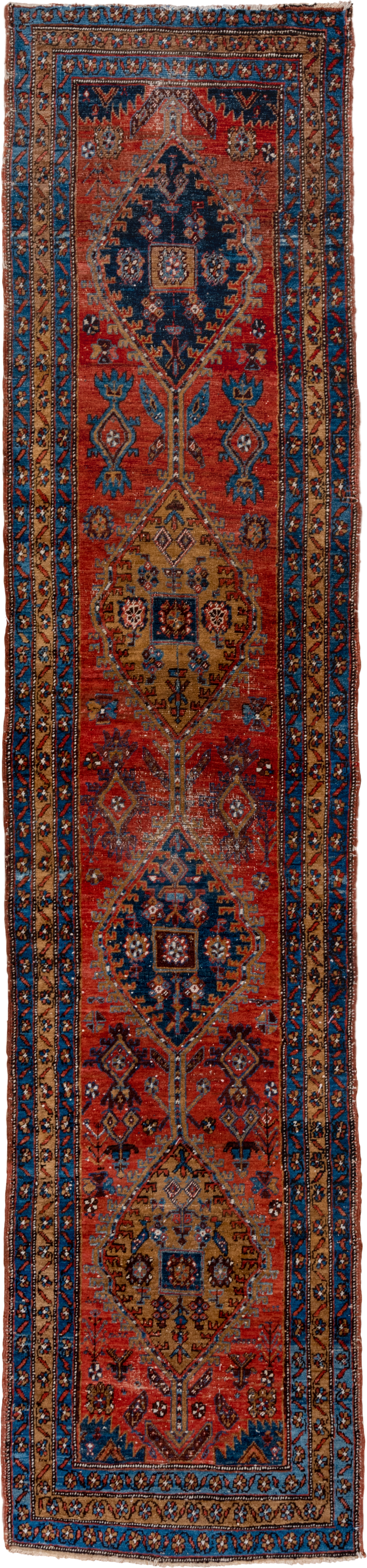 3' x 13' one-of-a-kind handmade vintage Heriz runner rug. Color palette: rust, navy, sky blue, camel, ivory, terracotta