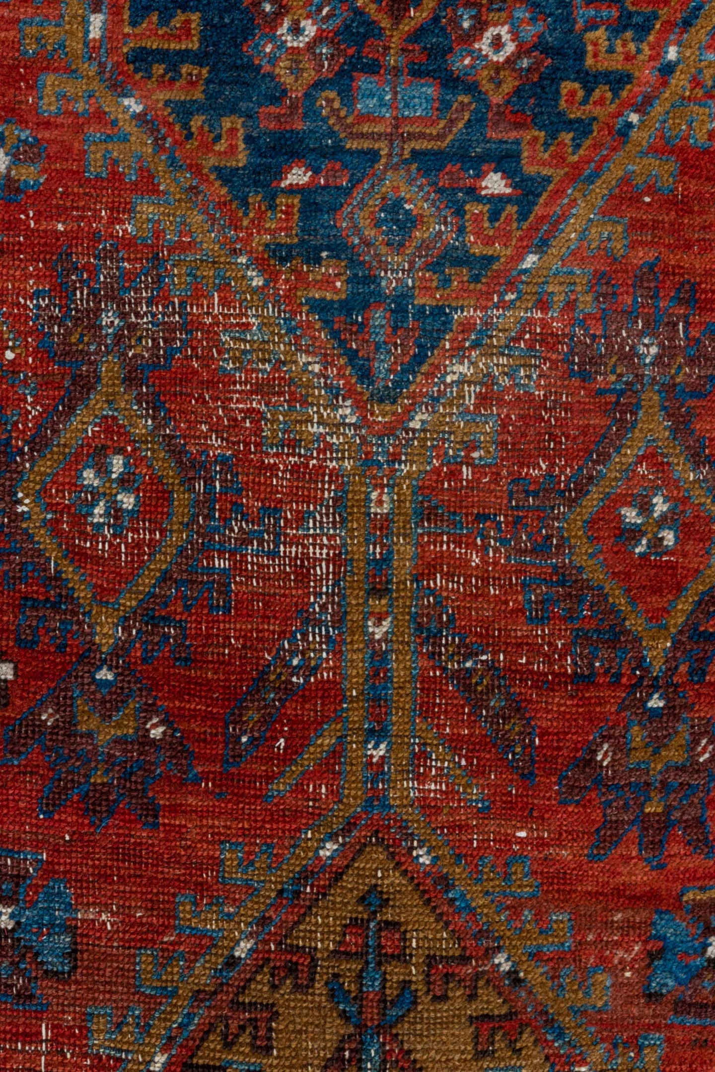 3' x 13' one-of-a-kind handmade vintage Heriz runner rug. Color palette: rust, navy, sky blue, camel, ivory, terracotta
