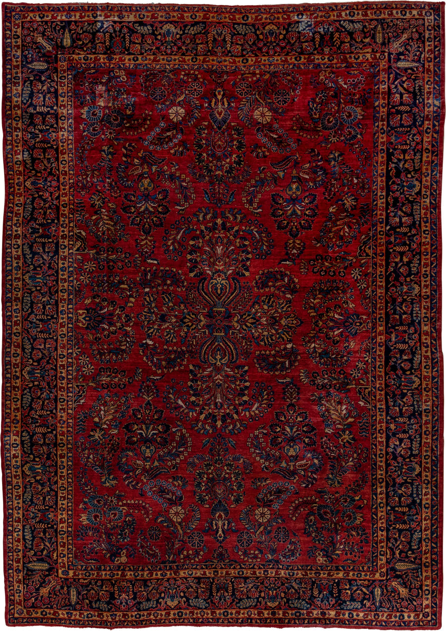 10' x 14' one-of-a-kind handmade vintage Sarouk large size rug. Color palette: red, navy, ivory, rust, gold, camel, slate