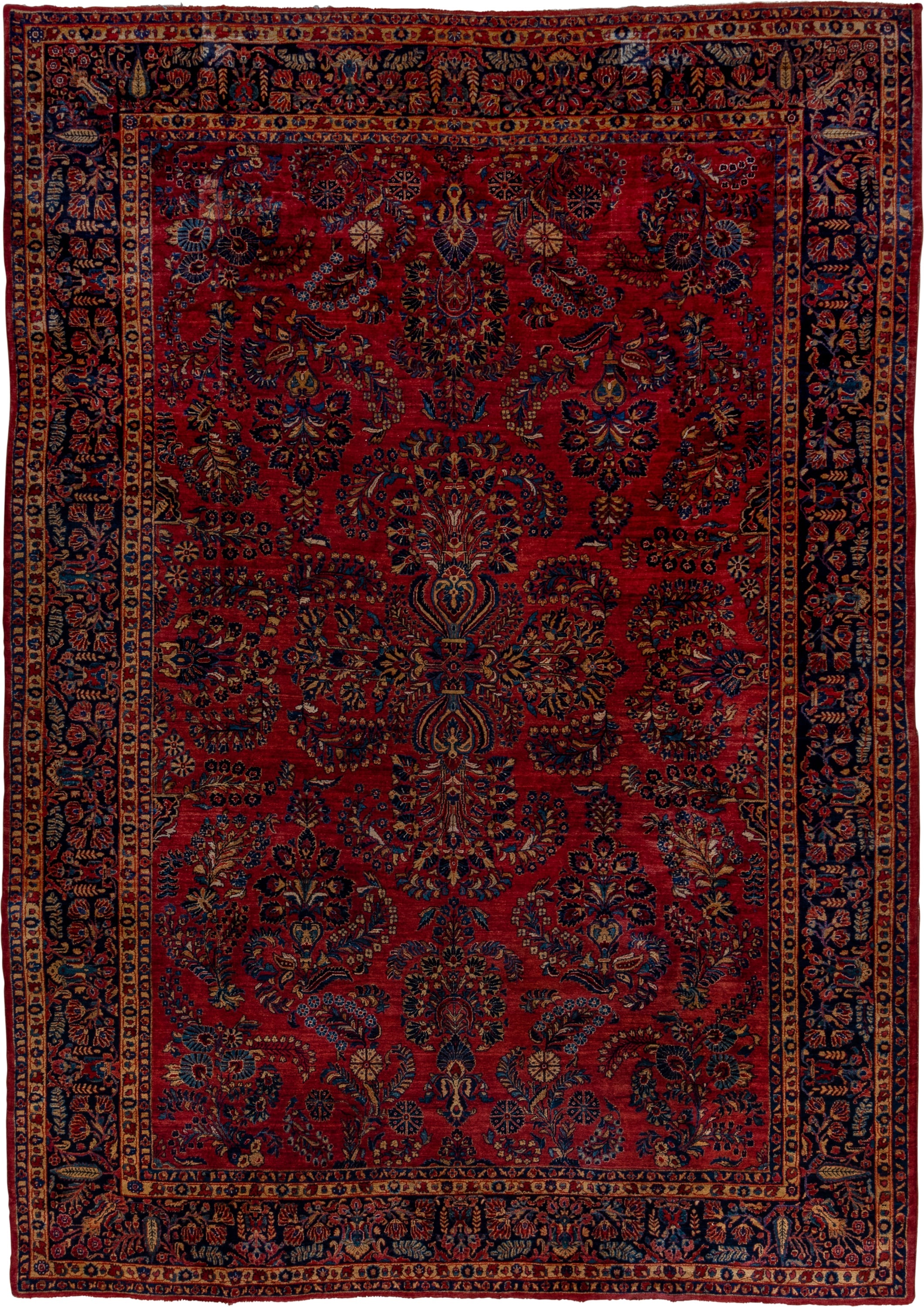10' x 14' one-of-a-kind handmade vintage Sarouk large size rug. Color palette: red, navy, ivory, rust, gold, camel, slate
