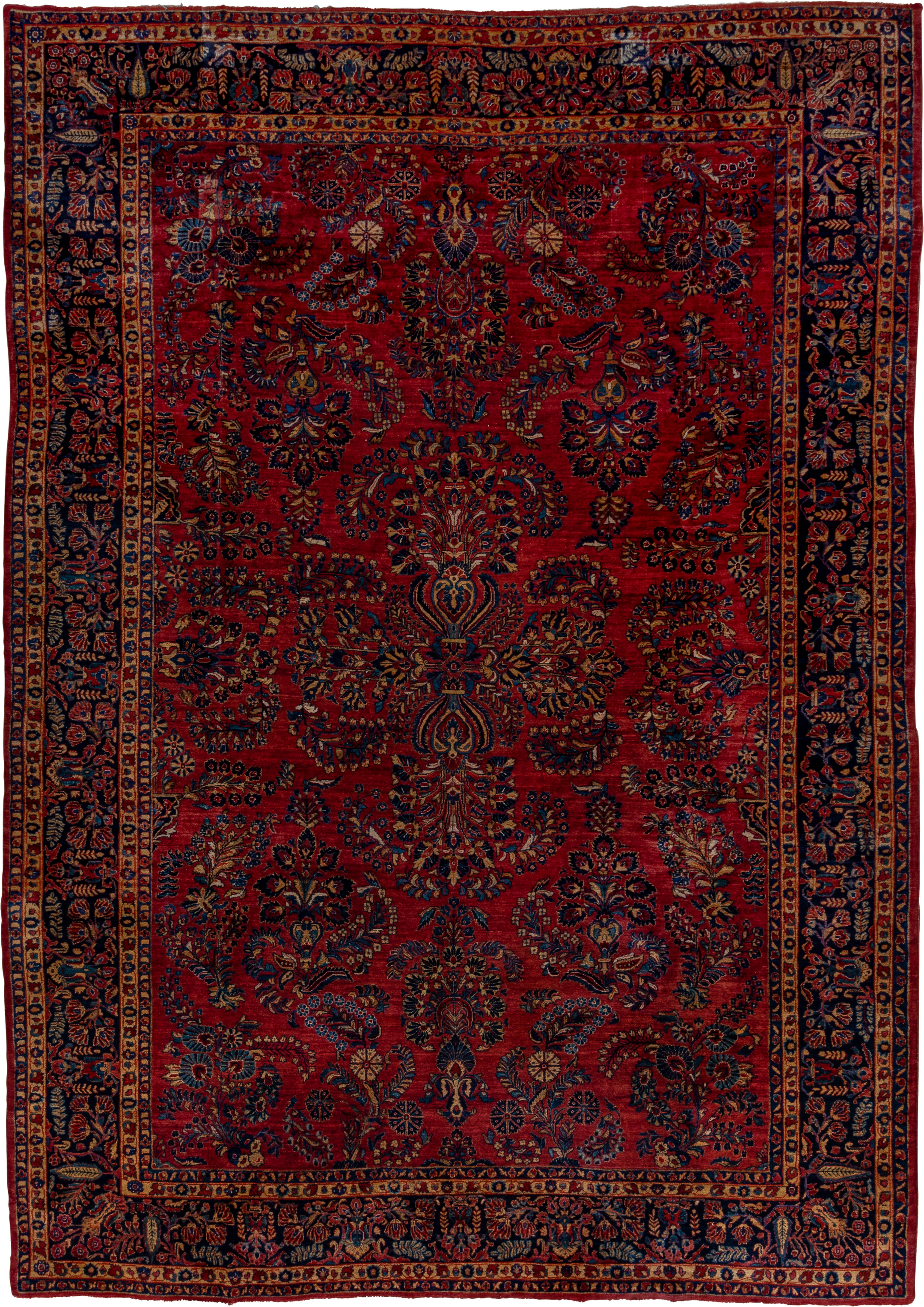 10' x 14' one-of-a-kind handmade vintage Sarouk large size rug. Color palette: red, navy, ivory, rust, gold, camel, slate