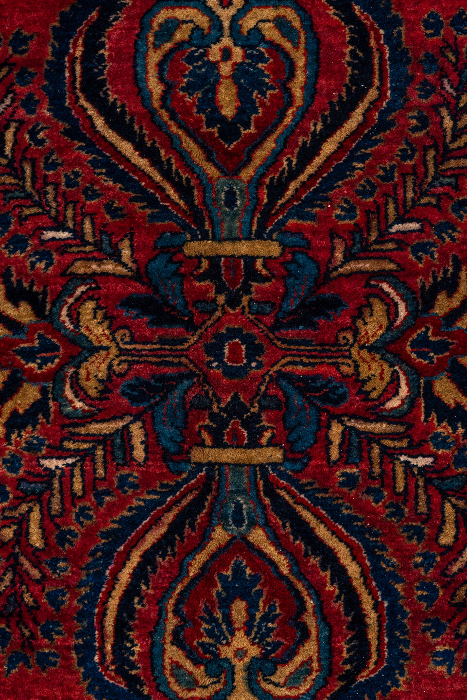 10' x 14' one-of-a-kind handmade vintage Sarouk large size rug. Color palette: red, navy, ivory, rust, gold, camel, slate