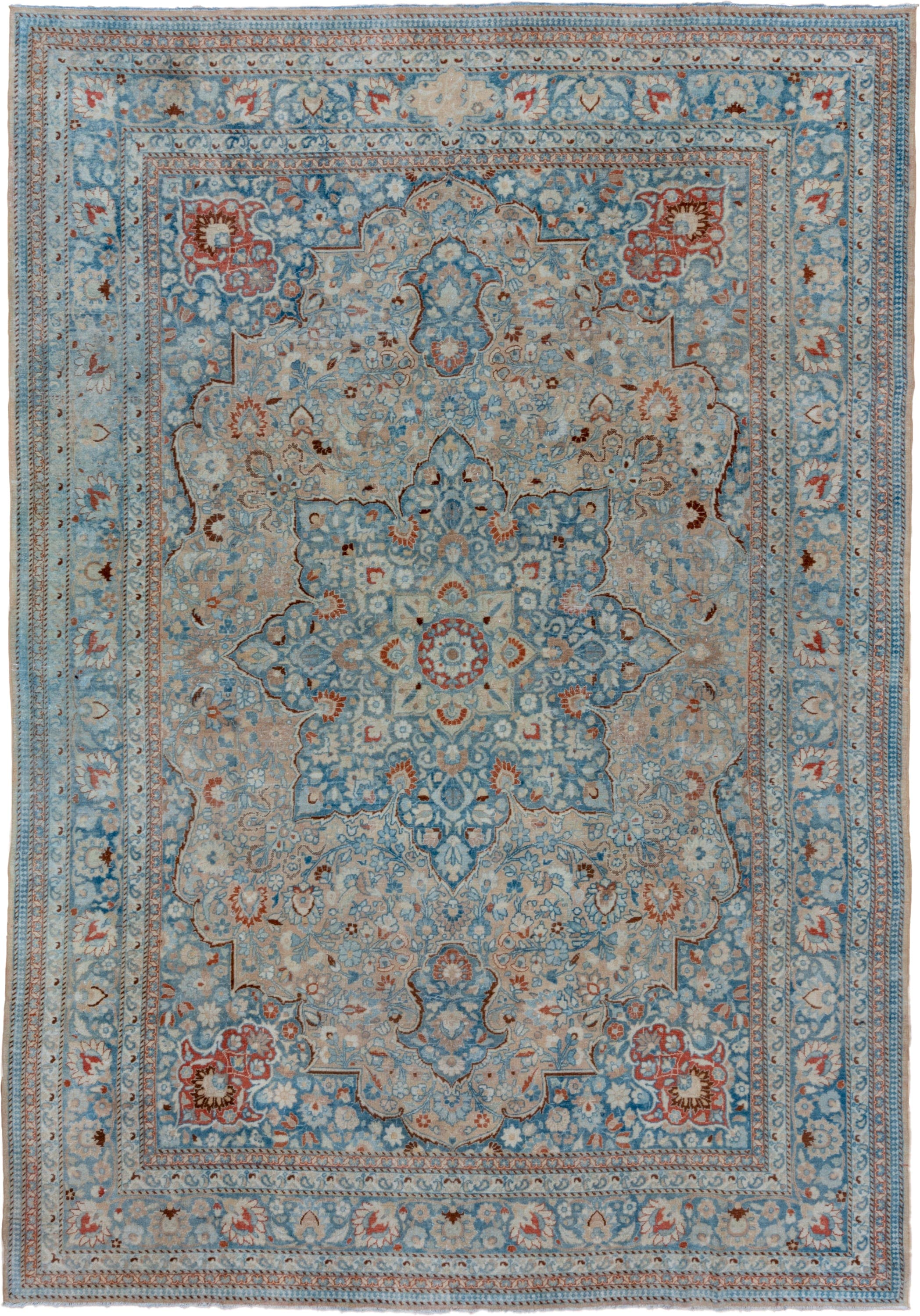 8' x 11' one-of-a-kind handmade vintage Tabriz large size rug. Color palette: sky blue, ivory, rust, camel, slate, cream