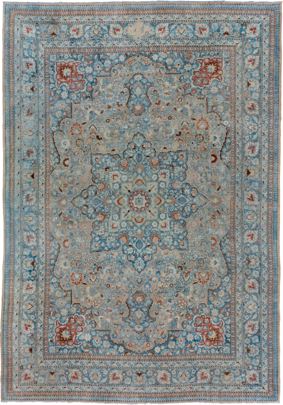 8' x 11' one-of-a-kind handmade vintage Tabriz large size rug. Color palette: sky blue, ivory, rust, camel, slate, cream