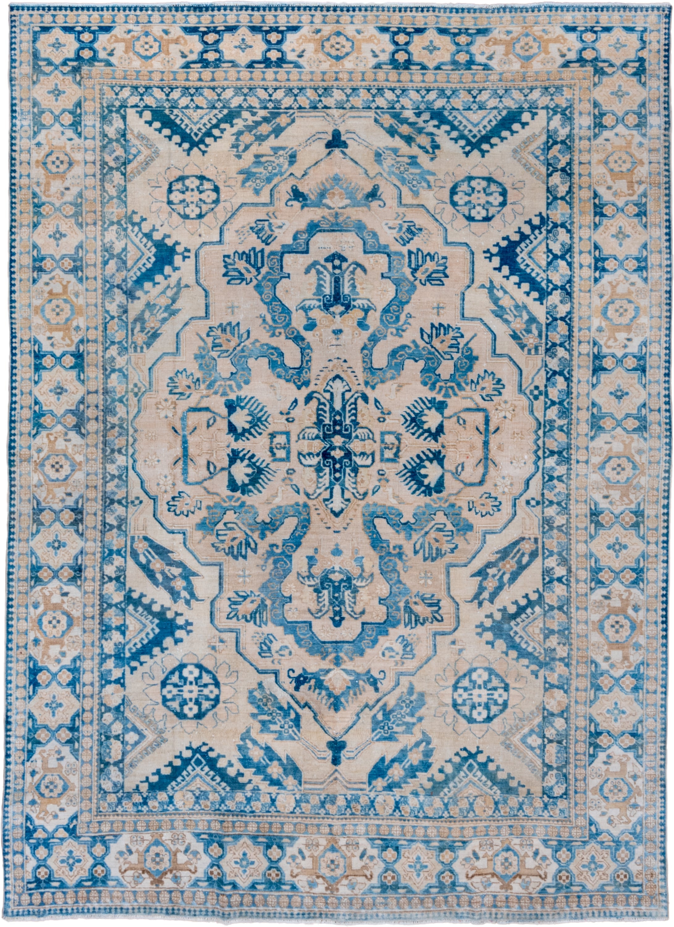 7' x 10' one-of-a-kind handmade vintage Tabriz large size rug. Color palette: ivory, sky blue, navy, beige, cream, slate