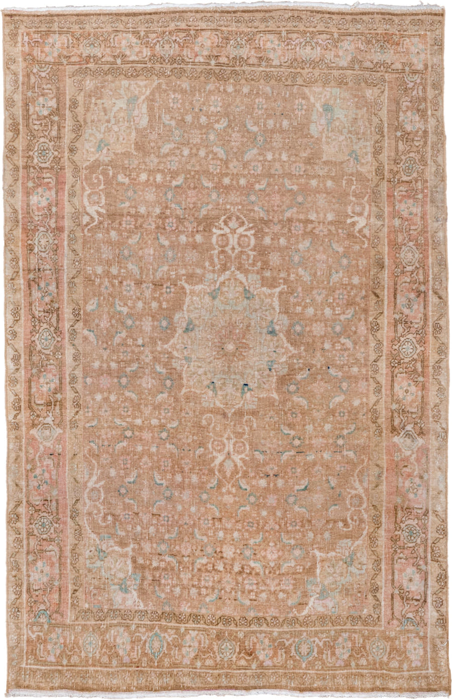 3' x 5' one-of-a-kind handmade vintage Bidjar small size rug. Color palette: camel, blush, taupe, ivory, pale aqua, beige