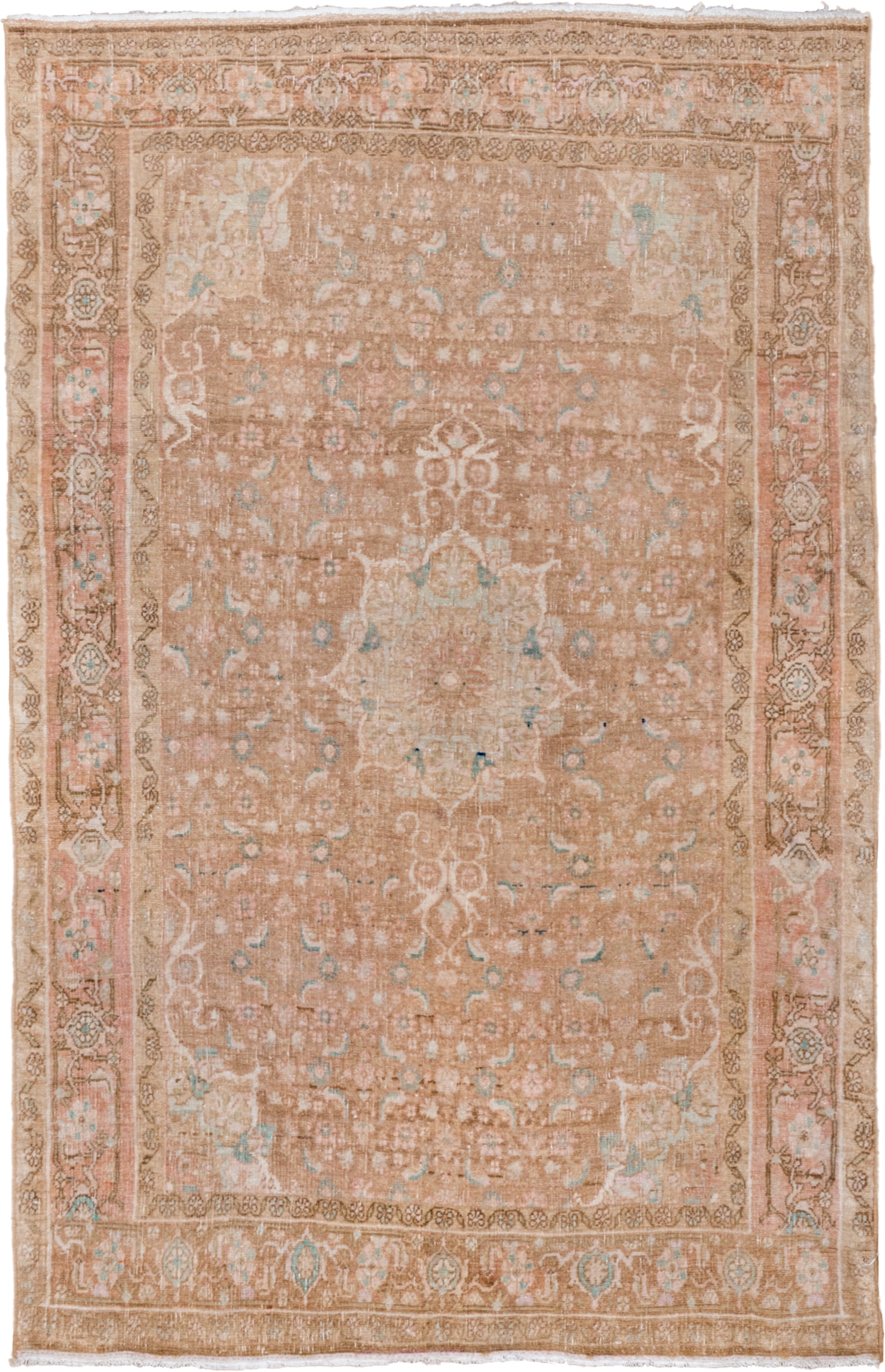 3' x 5' one-of-a-kind handmade vintage Bidjar small size rug. Color palette: camel, blush, taupe, ivory, pale aqua, beige