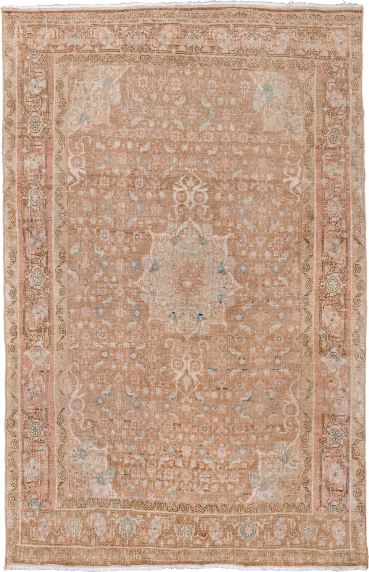 3' x 5' one-of-a-kind handmade vintage Bidjar small size rug. Color palette: camel, blush, taupe, ivory, pale aqua, beige