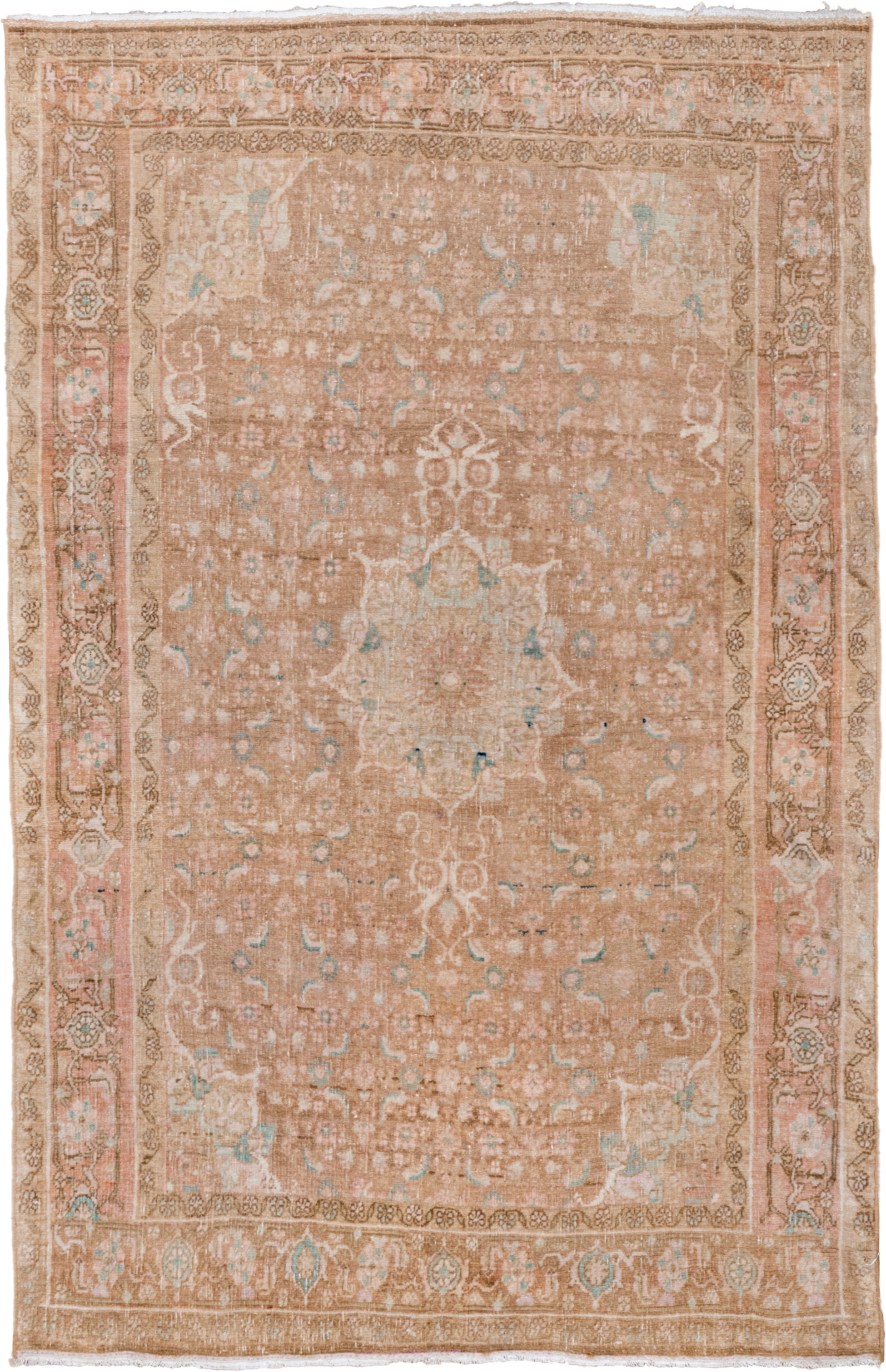 3' x 5' one-of-a-kind handmade vintage Bidjar small size rug. Color palette: camel, blush, taupe, ivory, pale aqua, beige