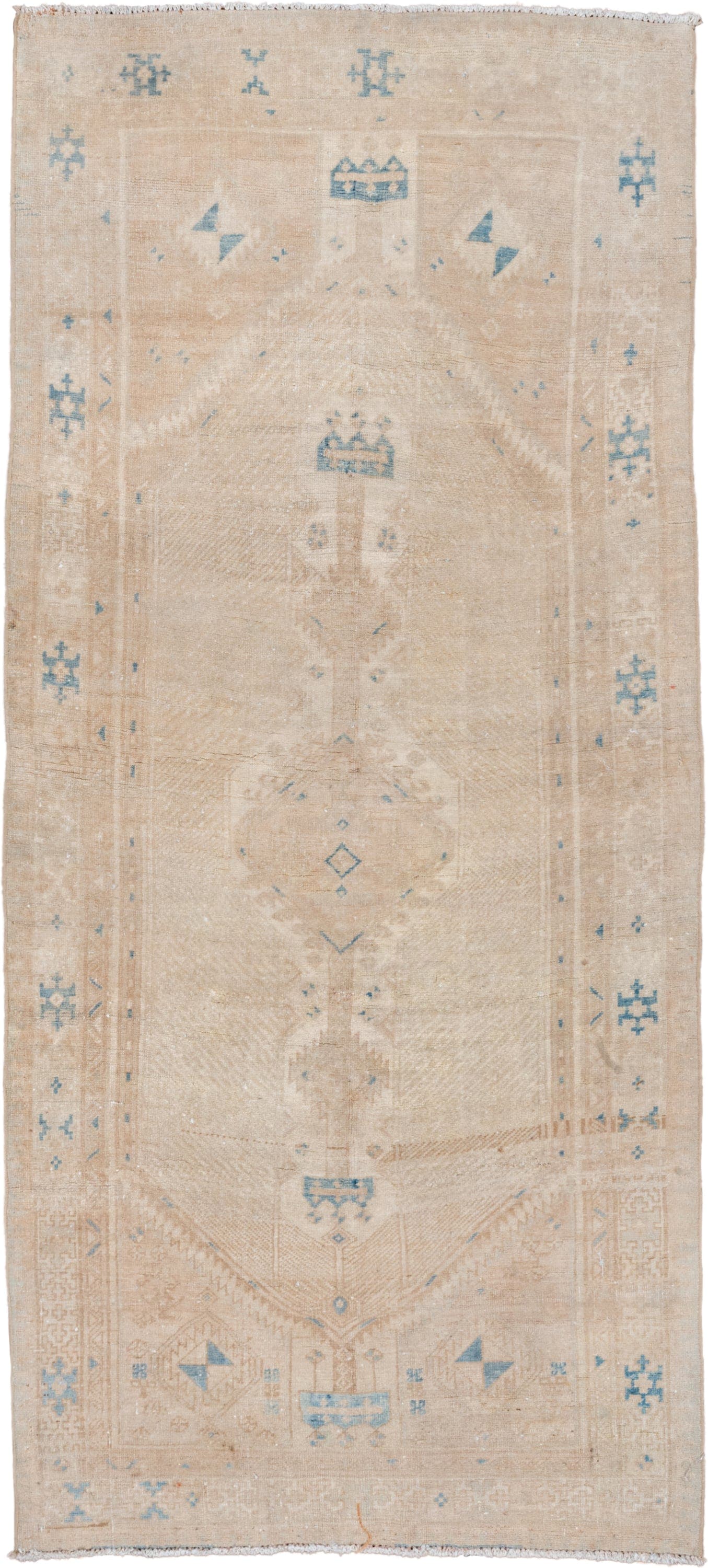 3' x 7' one-of-a-kind handmade vintage Sarab runner rug. Color palette: beige, ivory, sky blue, taupe, camel, light blue