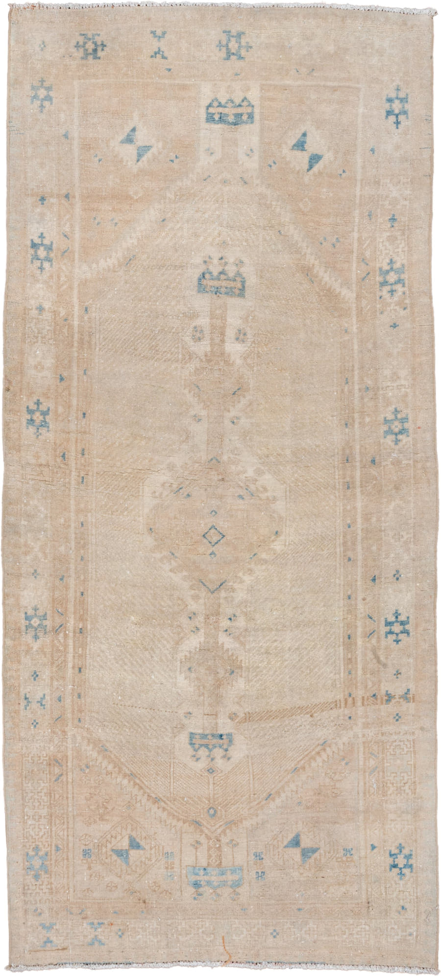 3' x 7' one-of-a-kind handmade vintage Sarab runner rug. Color palette: beige, ivory, sky blue, taupe, camel, light blue