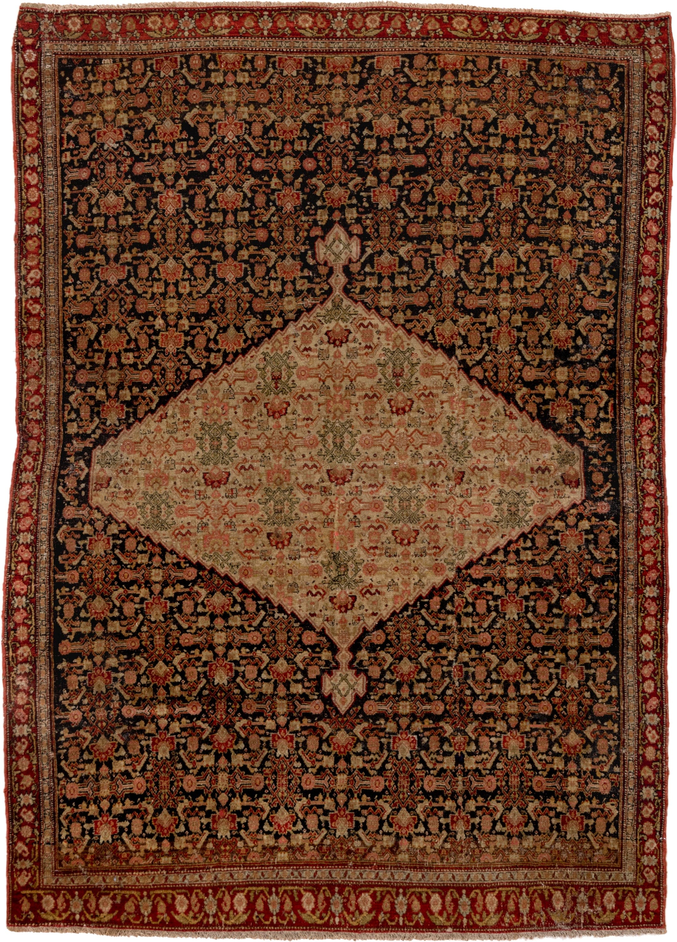 4' x 6' one-of-a-kind handmade vintage Senne small size rug. Color palette: ivory, charcoal, rust, burgundy, camel, sage