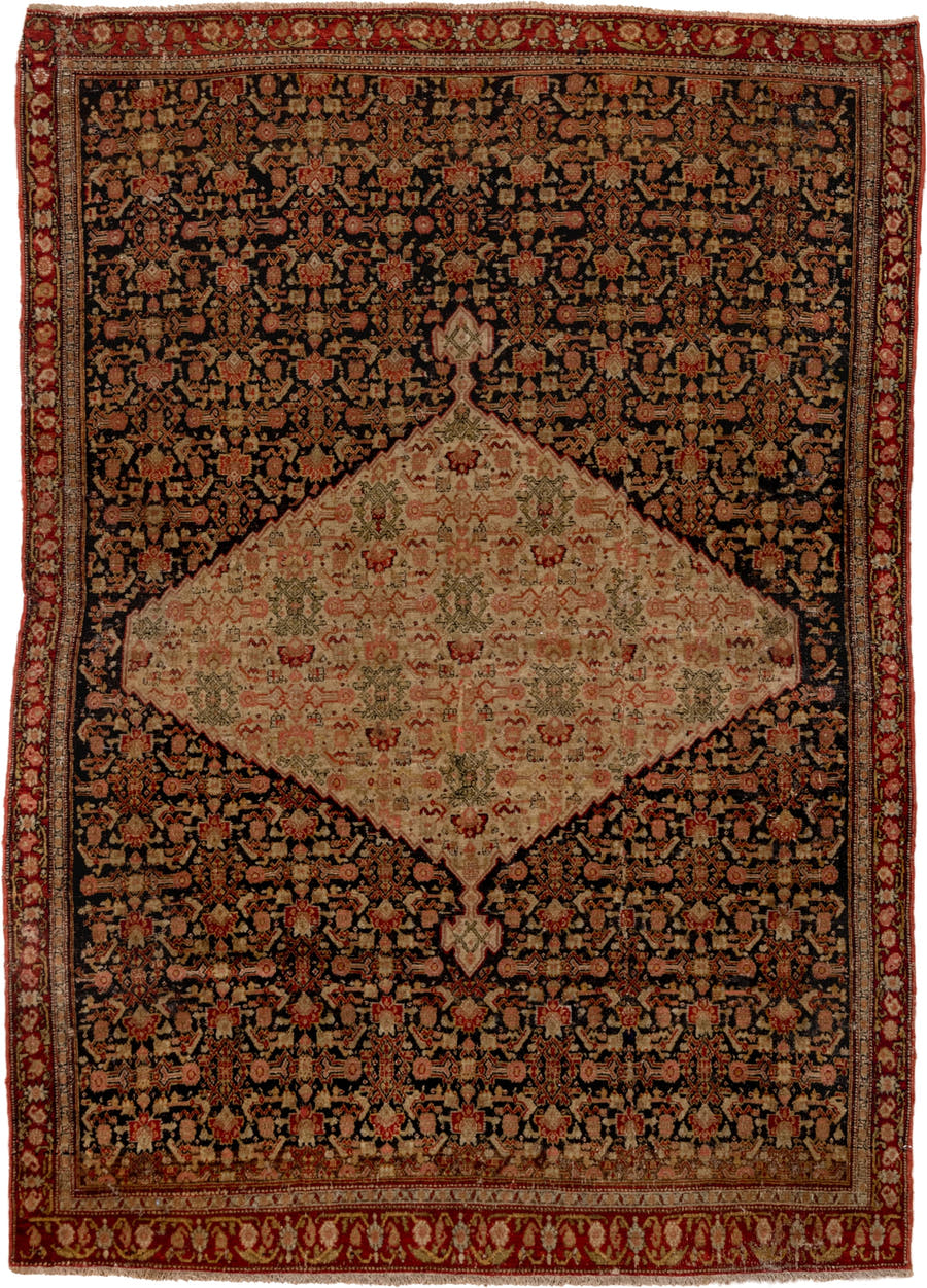 4' x 6' one-of-a-kind handmade vintage Senne small size rug. Color palette: ivory, charcoal, rust, burgundy, camel, sage