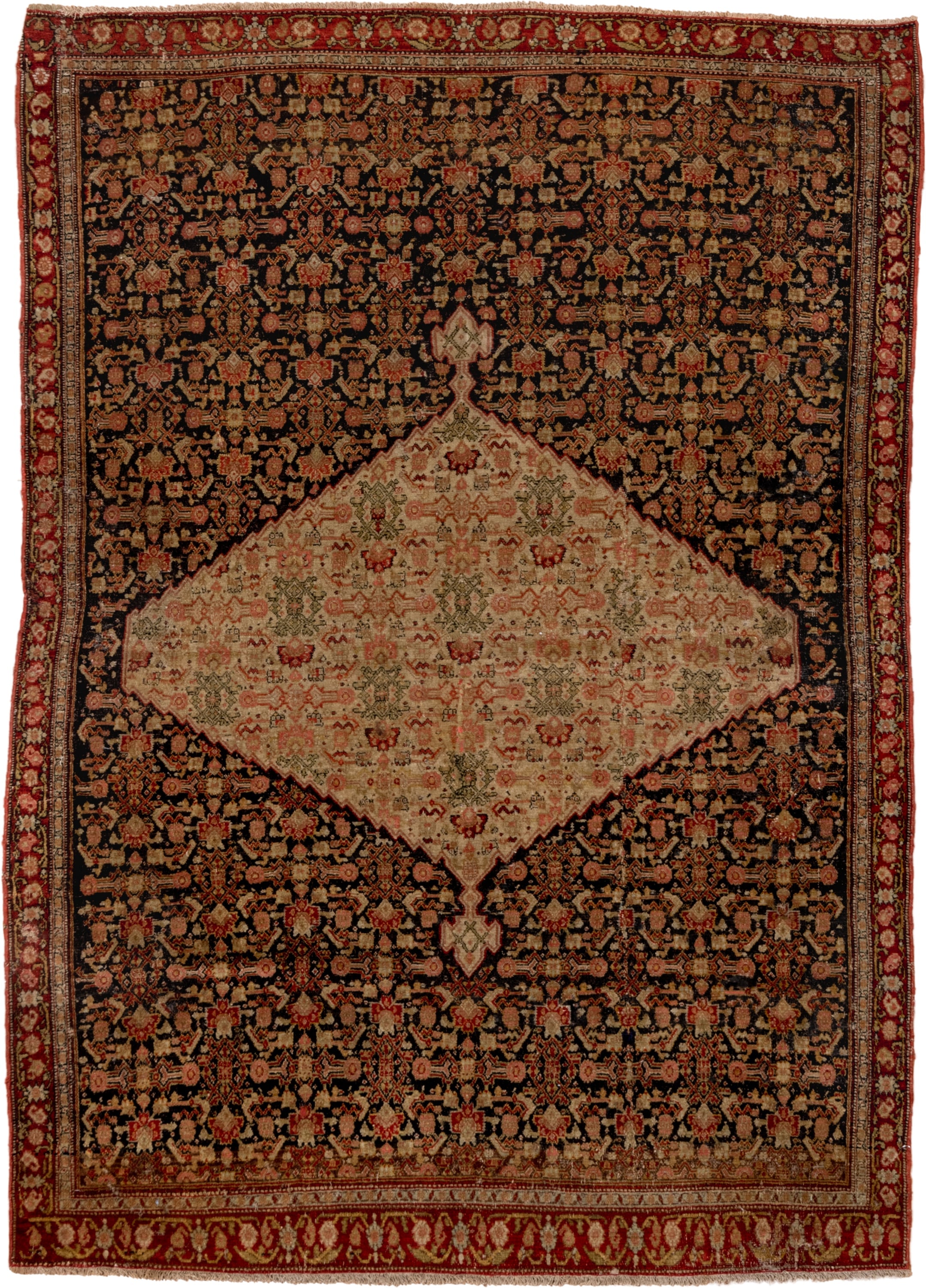 4' x 6' one-of-a-kind handmade vintage Senne small size rug. Color palette: ivory, charcoal, rust, burgundy, camel, sage