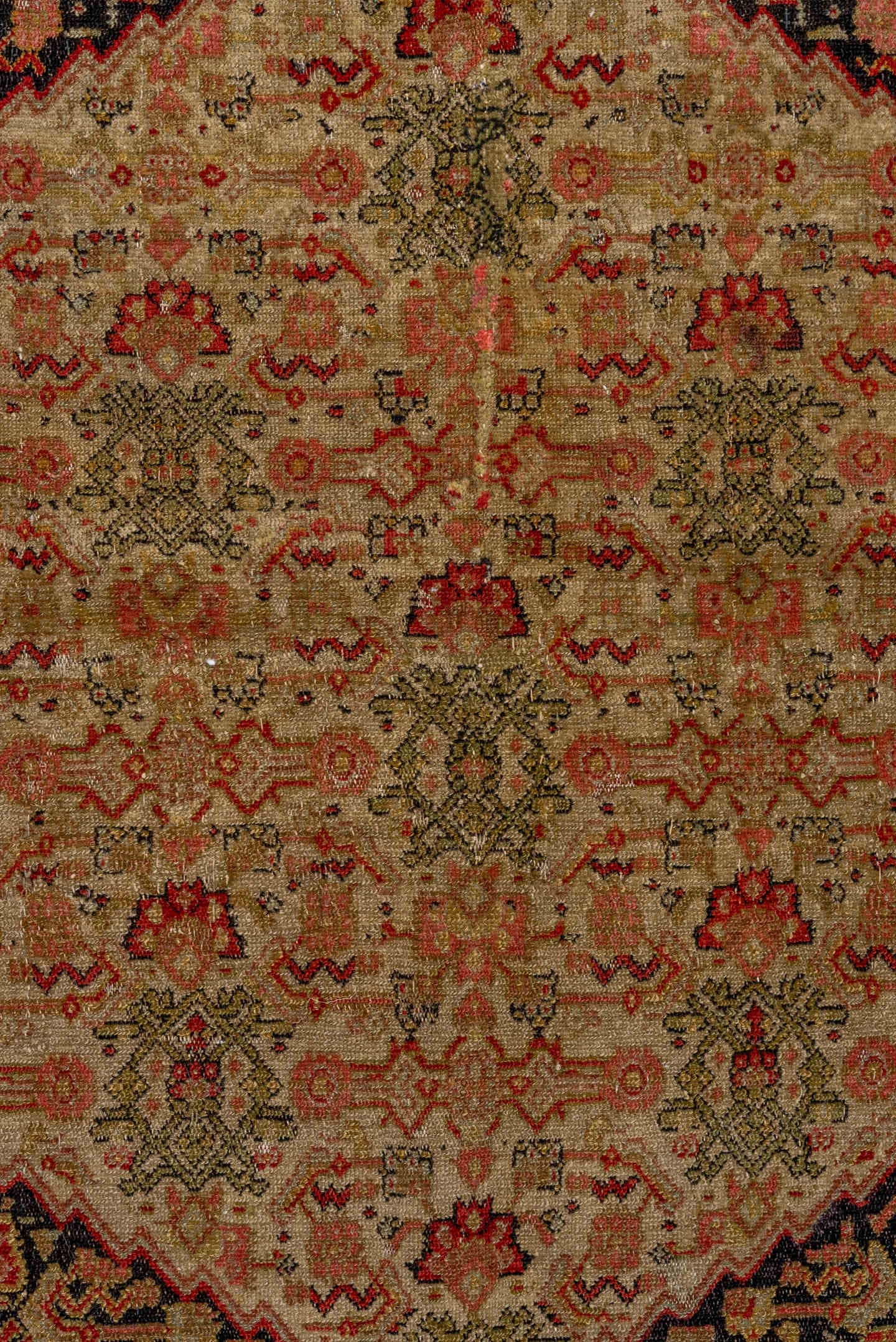 4' x 6' one-of-a-kind handmade vintage Senne small size rug. Color palette: ivory, charcoal, rust, burgundy, camel, sage