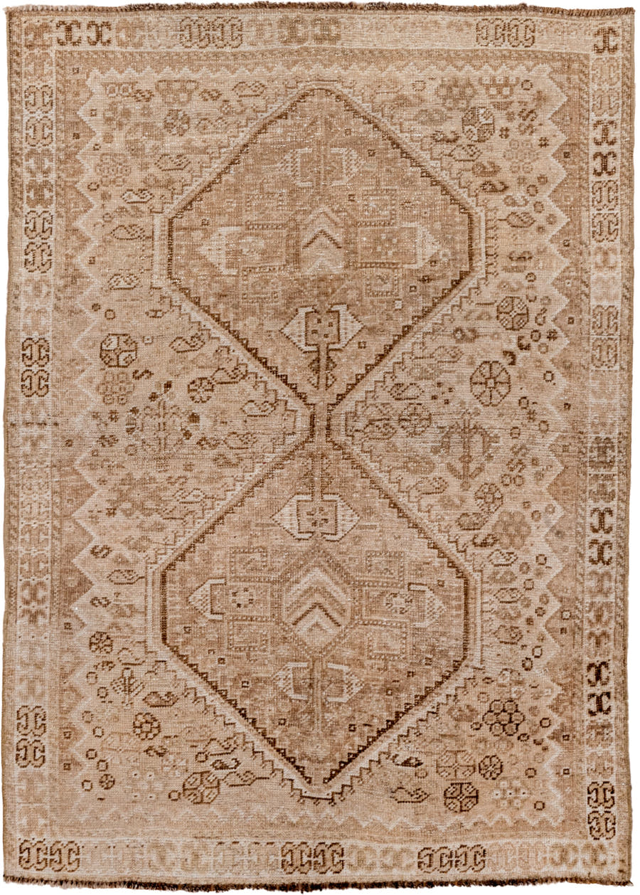 3' x 5' one-of-a-kind handmade vintage Shiraz small size rug. Color palette: tan, ivory, taupe, camel, brown, beige, gray