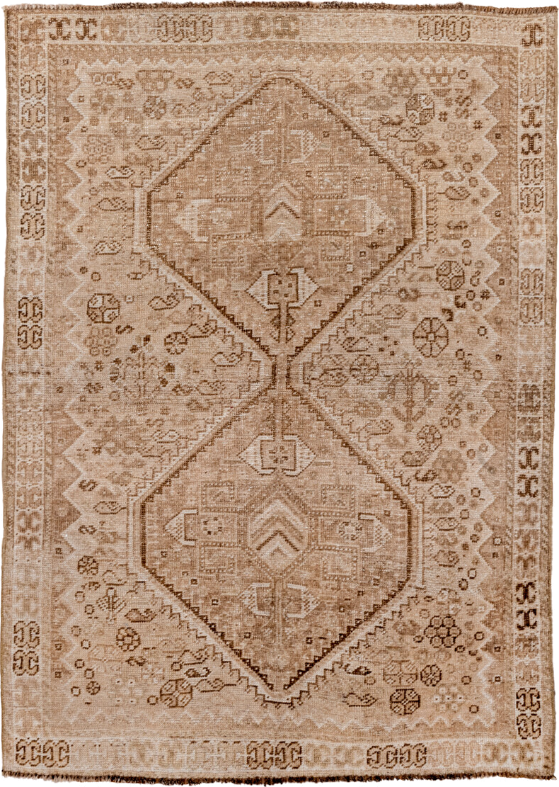 3' x 5' one-of-a-kind handmade vintage Shiraz small size rug. Color palette: tan, ivory, taupe, camel, brown, beige, gray