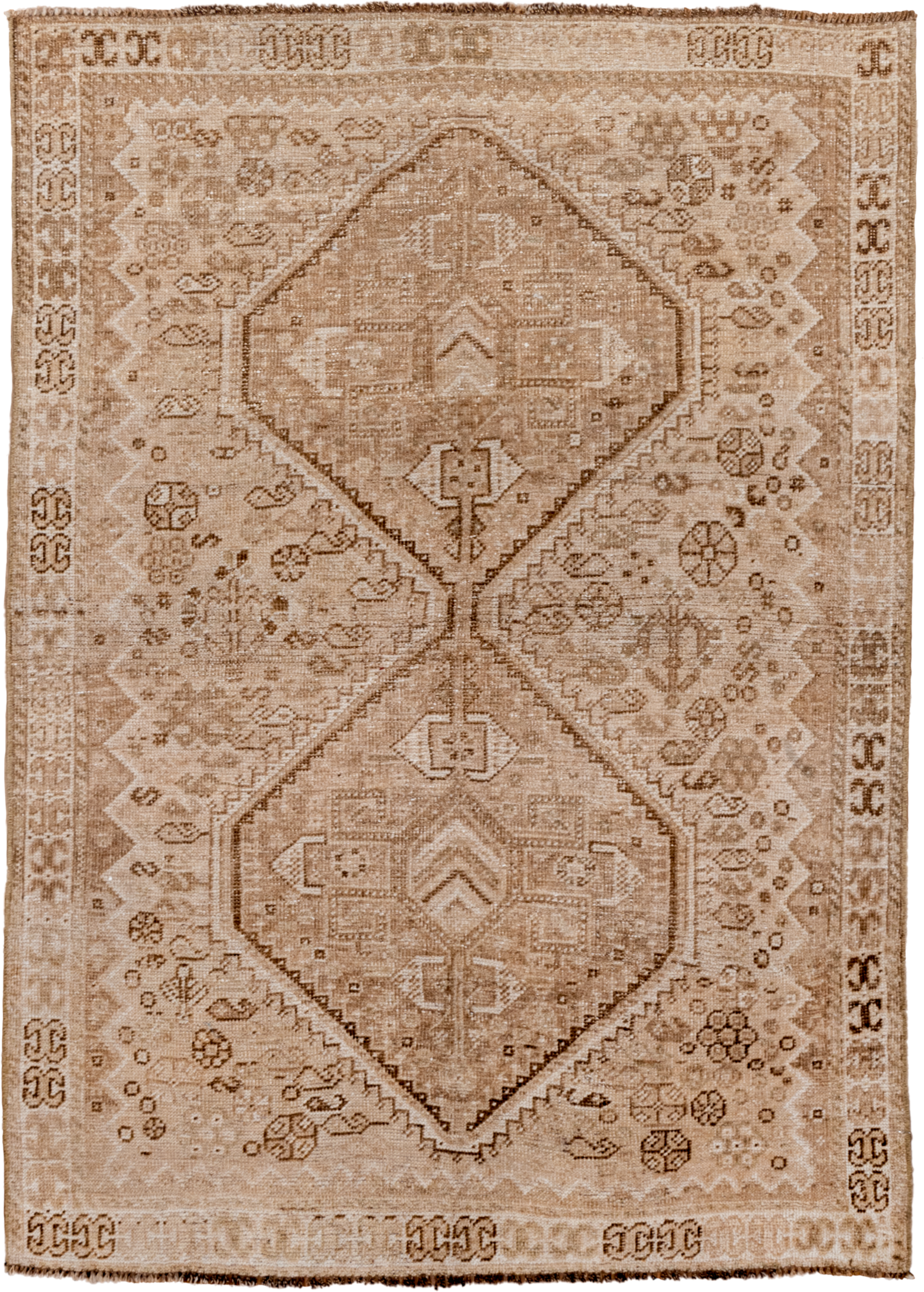 3' x 5' one-of-a-kind handmade vintage Shiraz small size rug. Color palette: tan, ivory, taupe, camel, brown, beige, gray