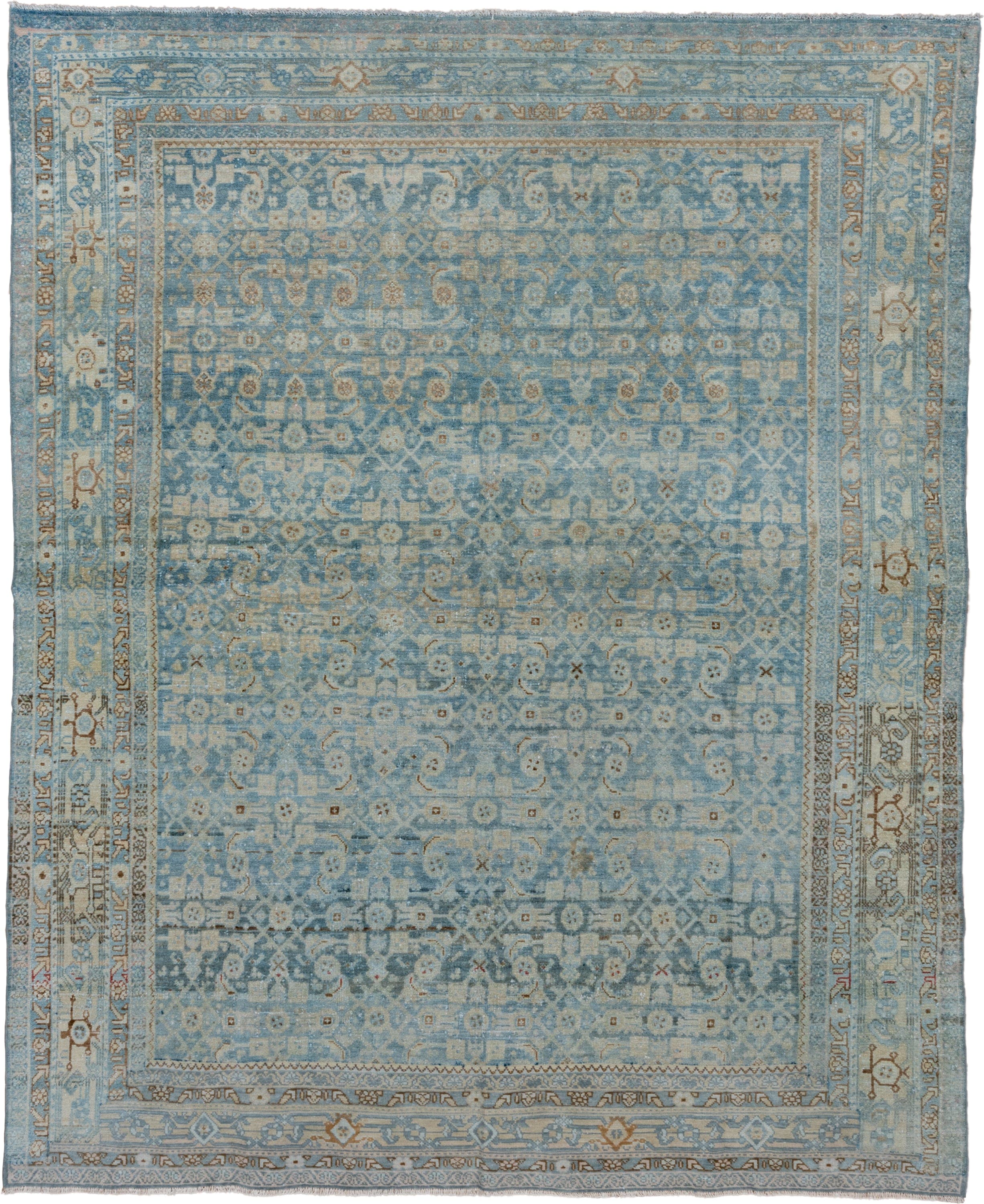 6' x 8' one-of-a-kind handmade vintage Malayer medium size rug. Color palette: light blue, ivory, taupe, rust, beige, slate
