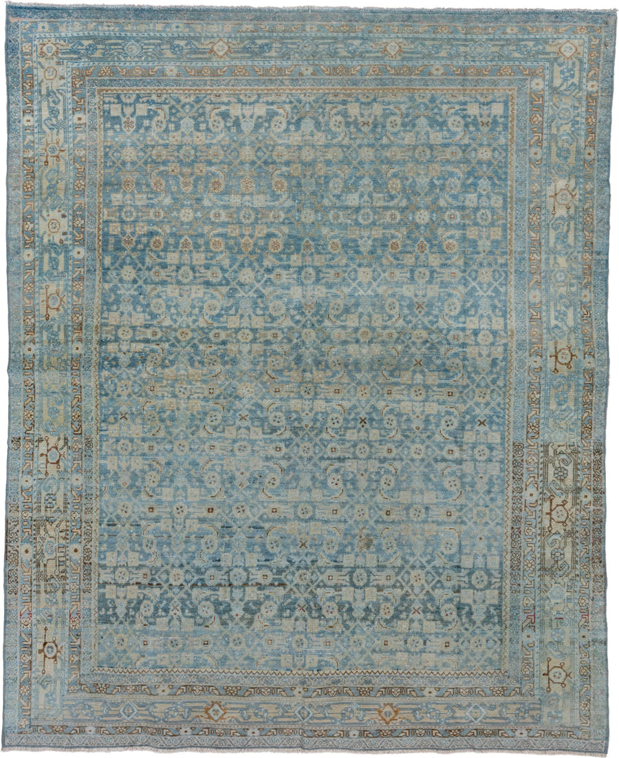 6' x 8' one-of-a-kind handmade vintage Malayer medium size rug. Color palette: light blue, ivory, taupe, rust, beige, slate