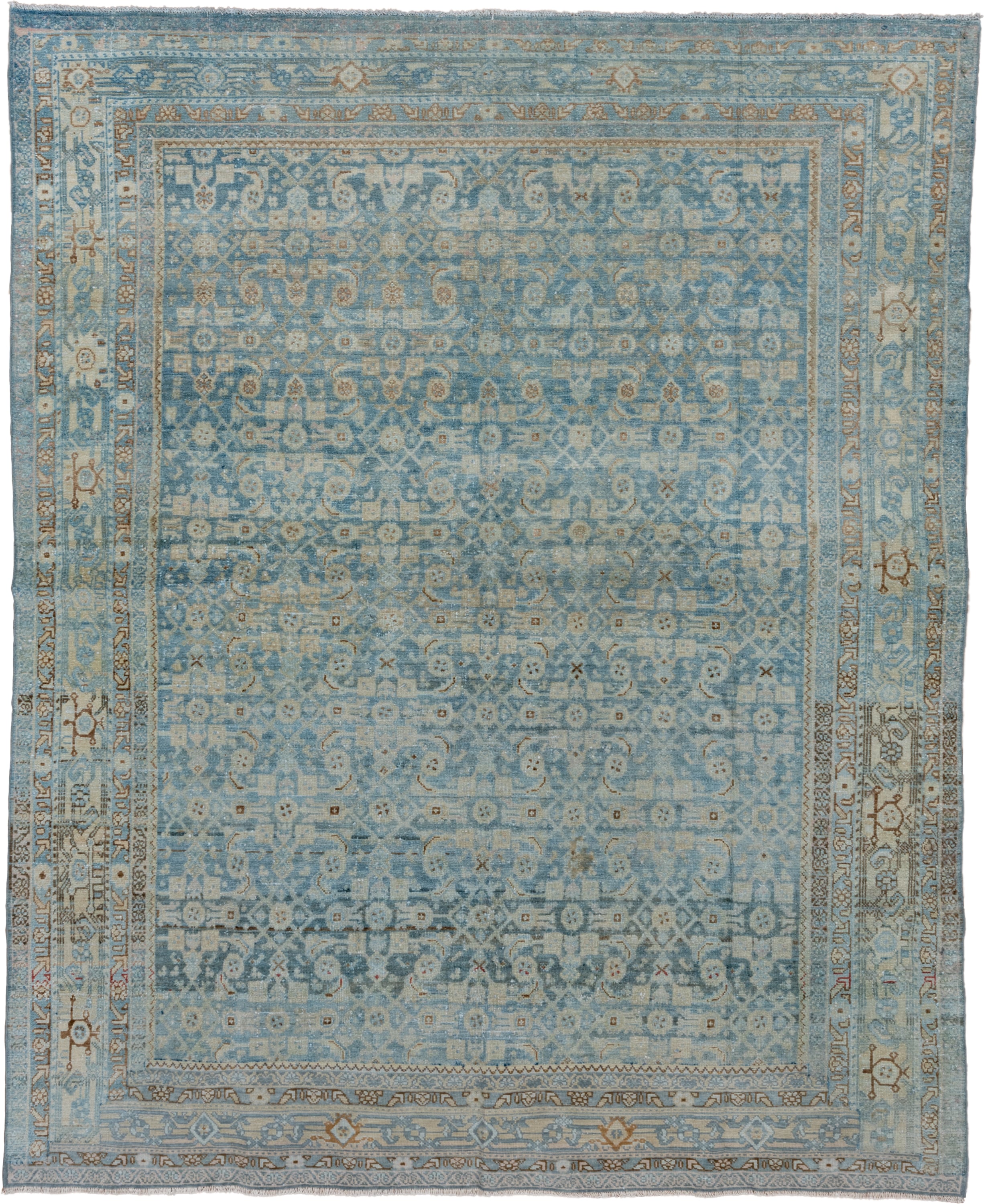 6' x 8' one-of-a-kind handmade vintage Malayer medium size rug. Color palette: light blue, ivory, taupe, rust, beige, slate