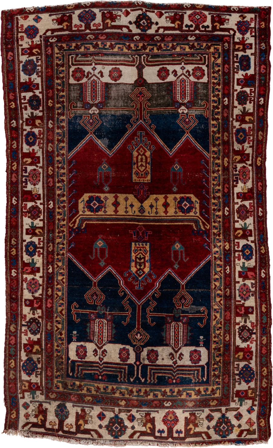 4' x 7' one-of-a-kind handmade antique Malayer rug. Color palette: crimson, navy, ivory, burgundy, camel, cobalt, taupe, red