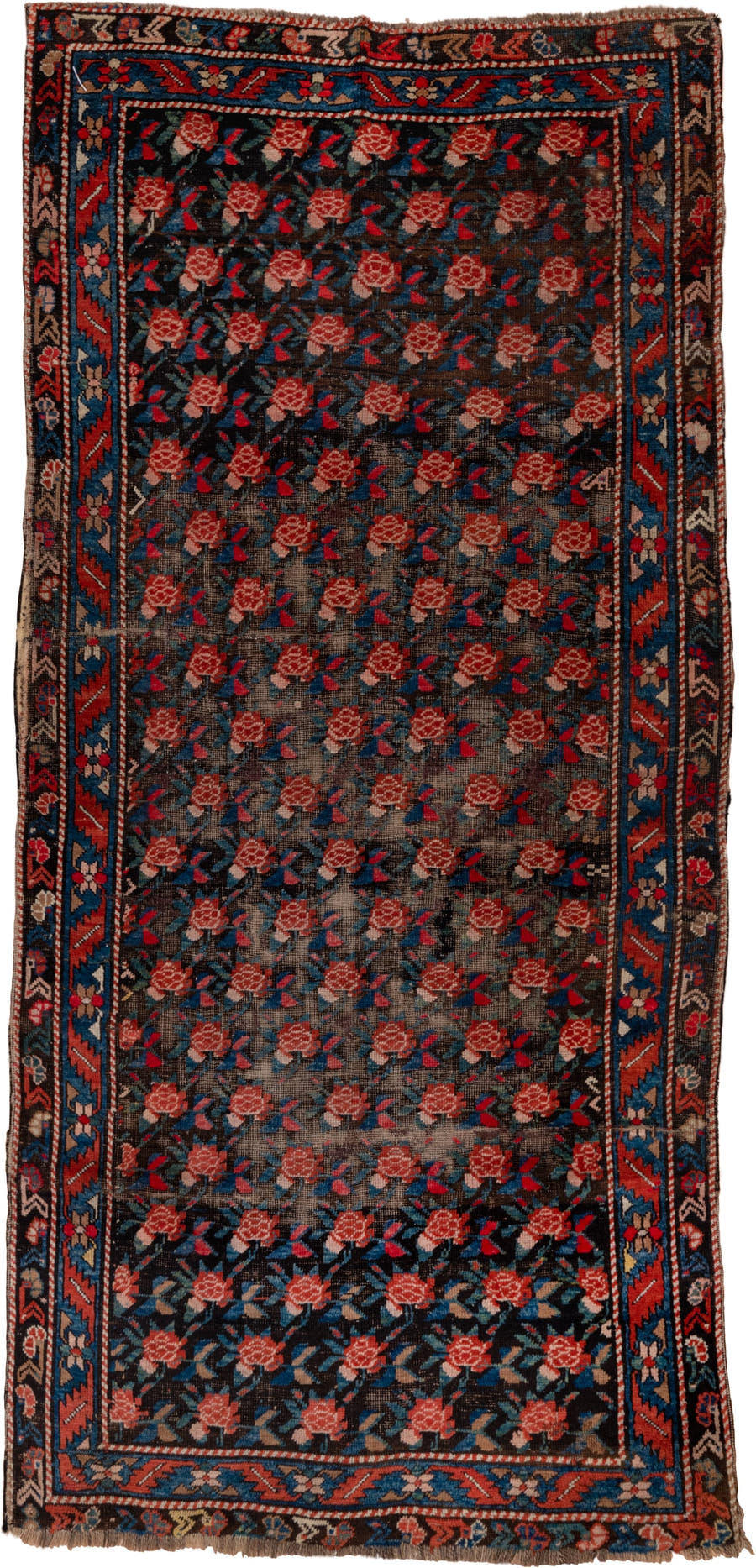 4' x 8' one-of-a-kind handmade antique Karabagh runner rug. Color palette: charcoal, rust, indigo, crimson, ivory, slate