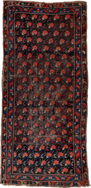 4' x 8' one-of-a-kind handmade antique Karabagh runner rug. Color palette: charcoal, rust, indigo, crimson, ivory, slate