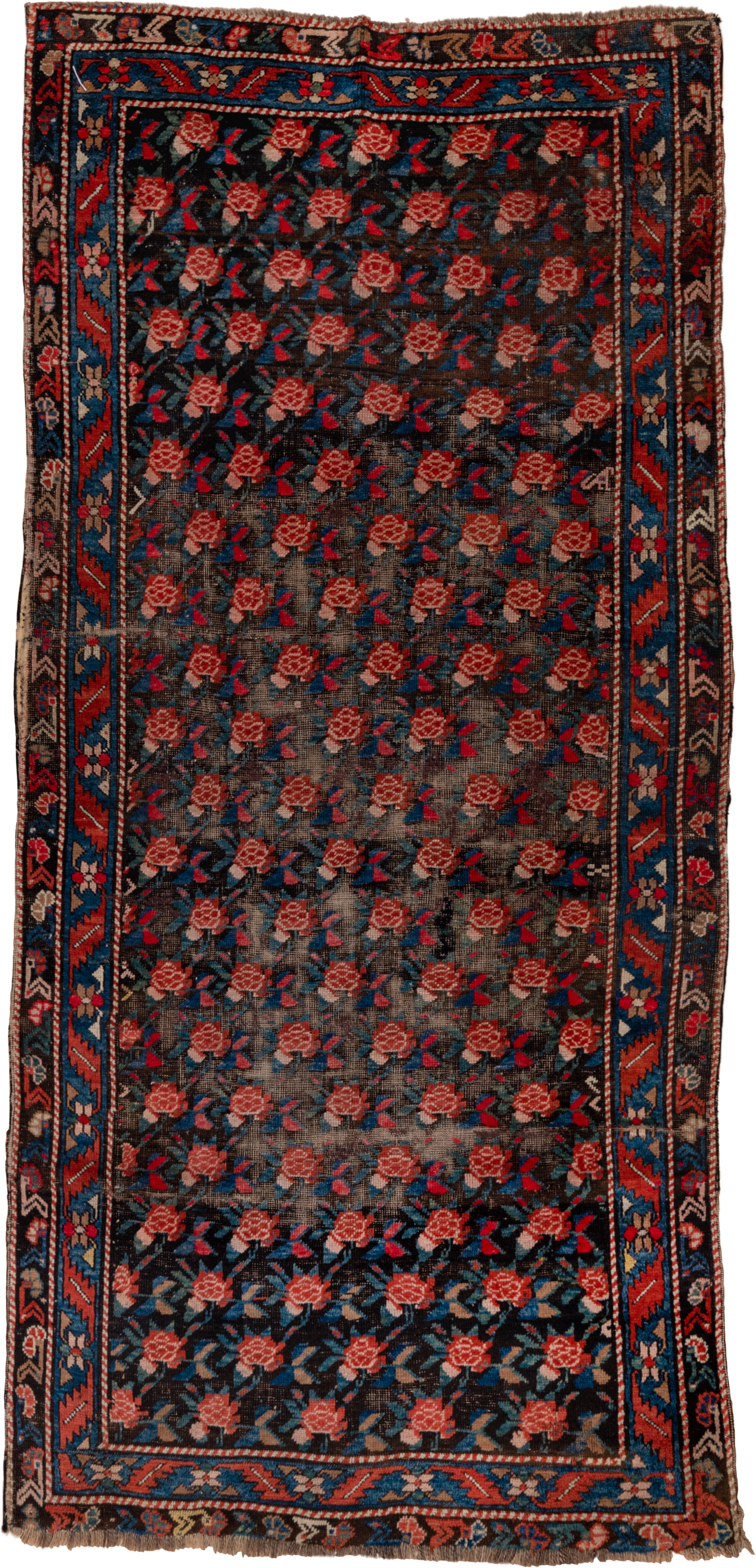 4' x 8' one-of-a-kind handmade antique Karabagh runner rug. Color palette: charcoal, rust, indigo, crimson, ivory, slate