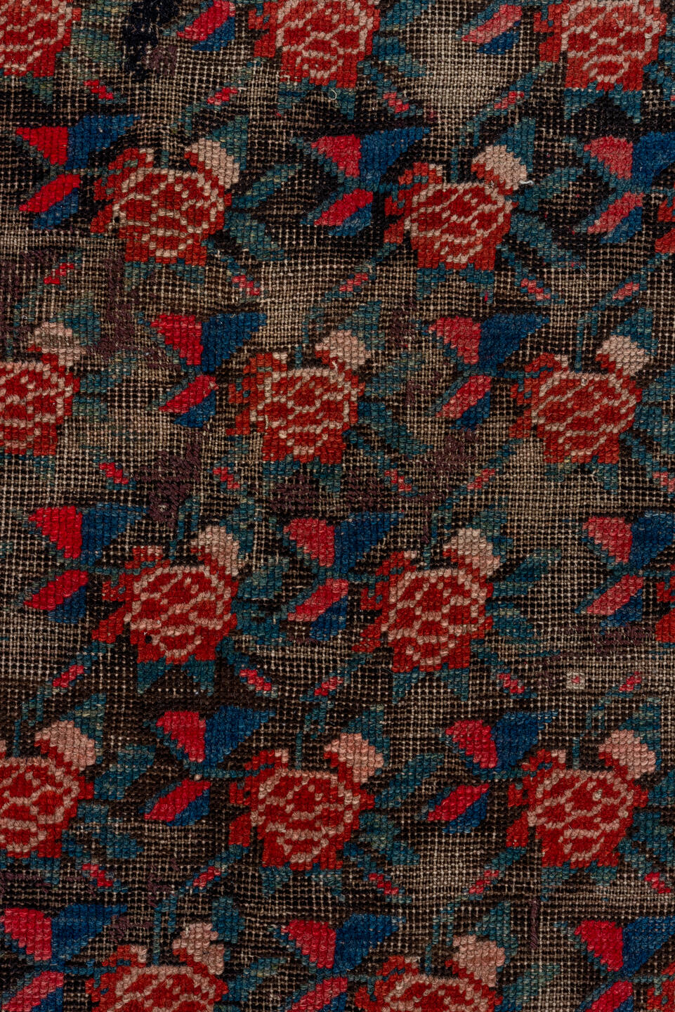 4' x 8' one-of-a-kind handmade antique Karabagh runner rug. Color palette: charcoal, rust, indigo, crimson, ivory, slate