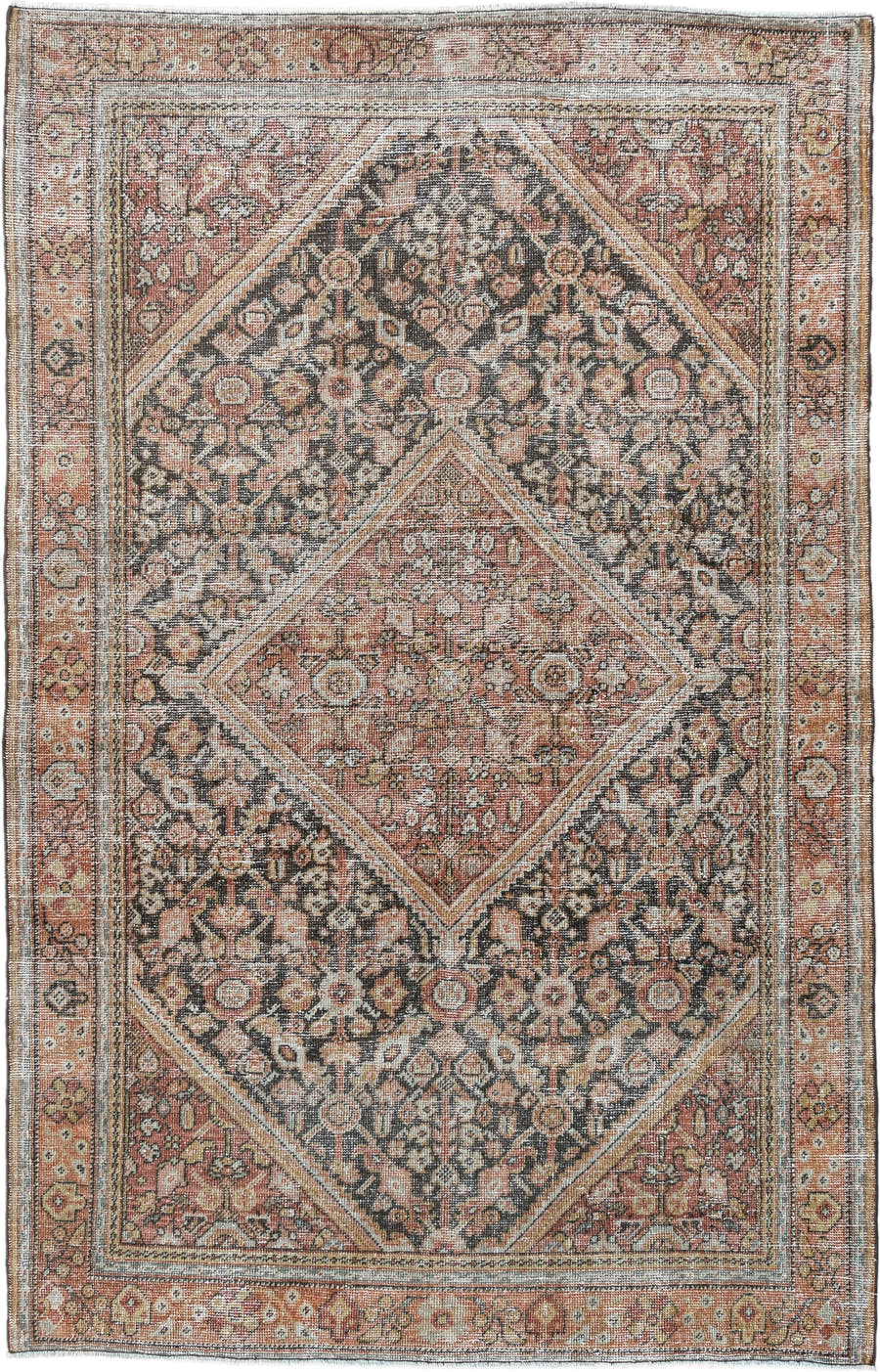 4' x 6' one-of-a-kind handmade vintage Mahal small size rug. Color palette: terra cotta, charcoal, ivory, rose, gold, taupe
