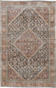 4' x 6' one-of-a-kind handmade vintage Mahal small size rug. Color palette: terra cotta, charcoal, ivory, rose, gold, taupe