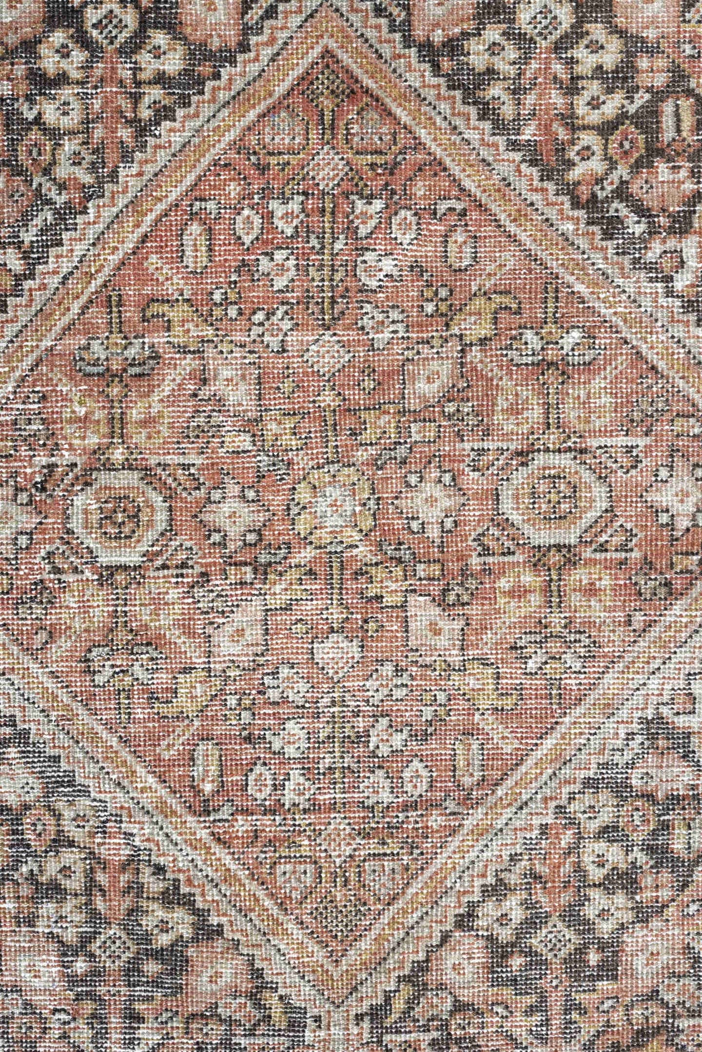4' x 6' one-of-a-kind handmade vintage Mahal small size rug. Color palette: terra cotta, charcoal, ivory, rose, gold, taupe
