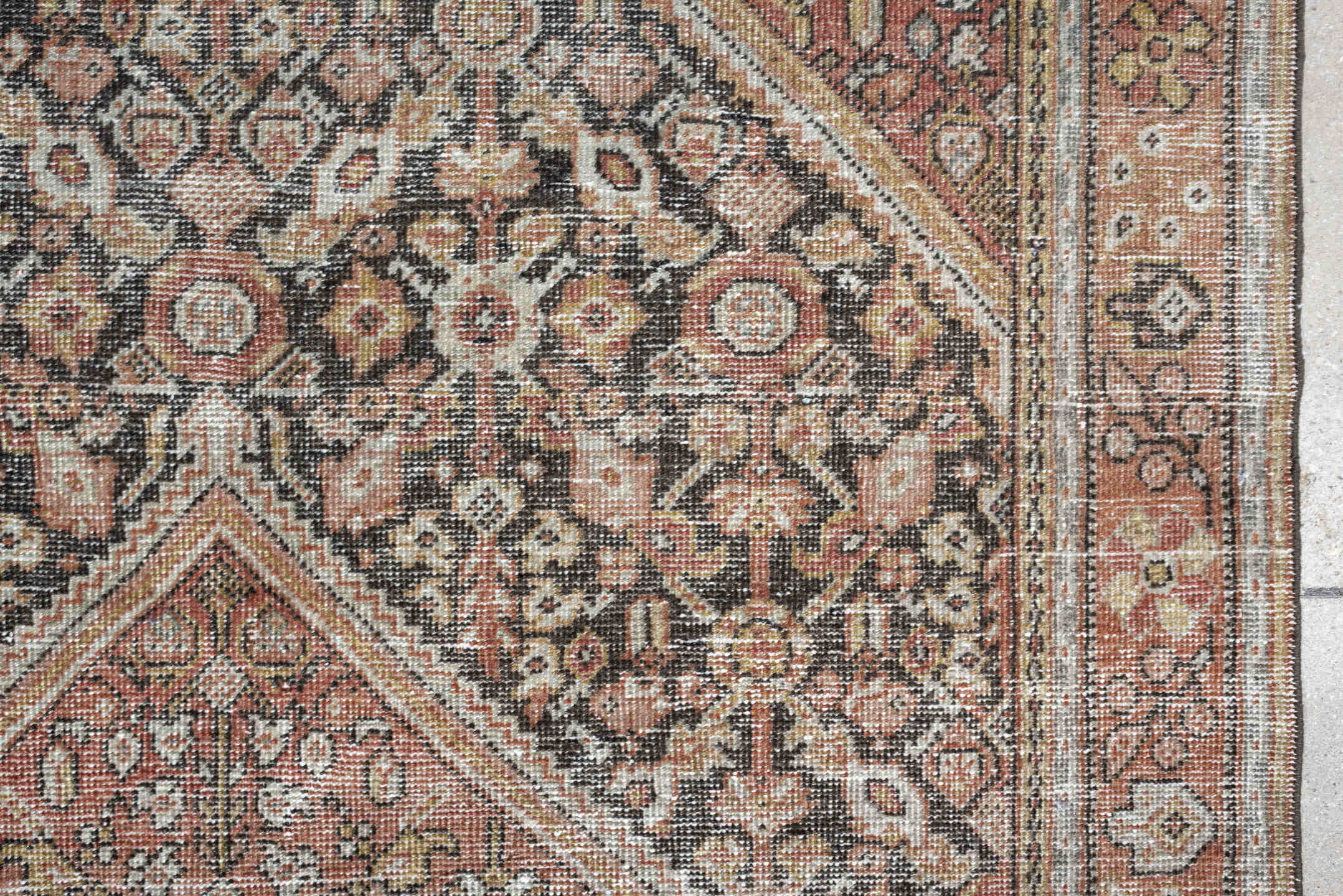 4' x 6' one-of-a-kind handmade vintage Mahal small size rug. Color palette: terra cotta, charcoal, ivory, rose, gold, taupe