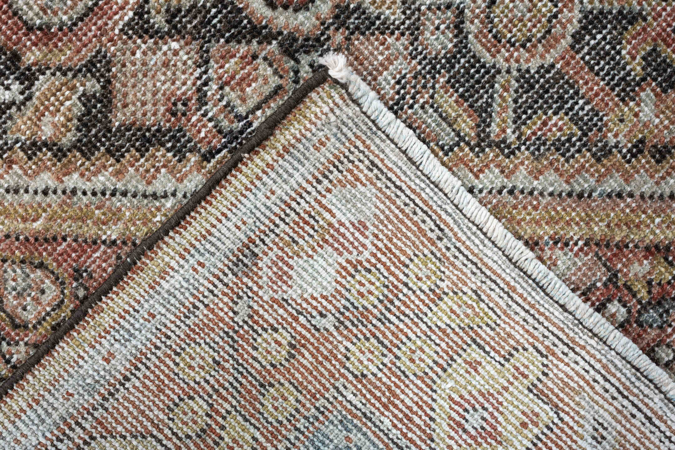 4' x 6' one-of-a-kind handmade vintage Mahal small size rug. Color palette: terra cotta, charcoal, ivory, rose, gold, taupe