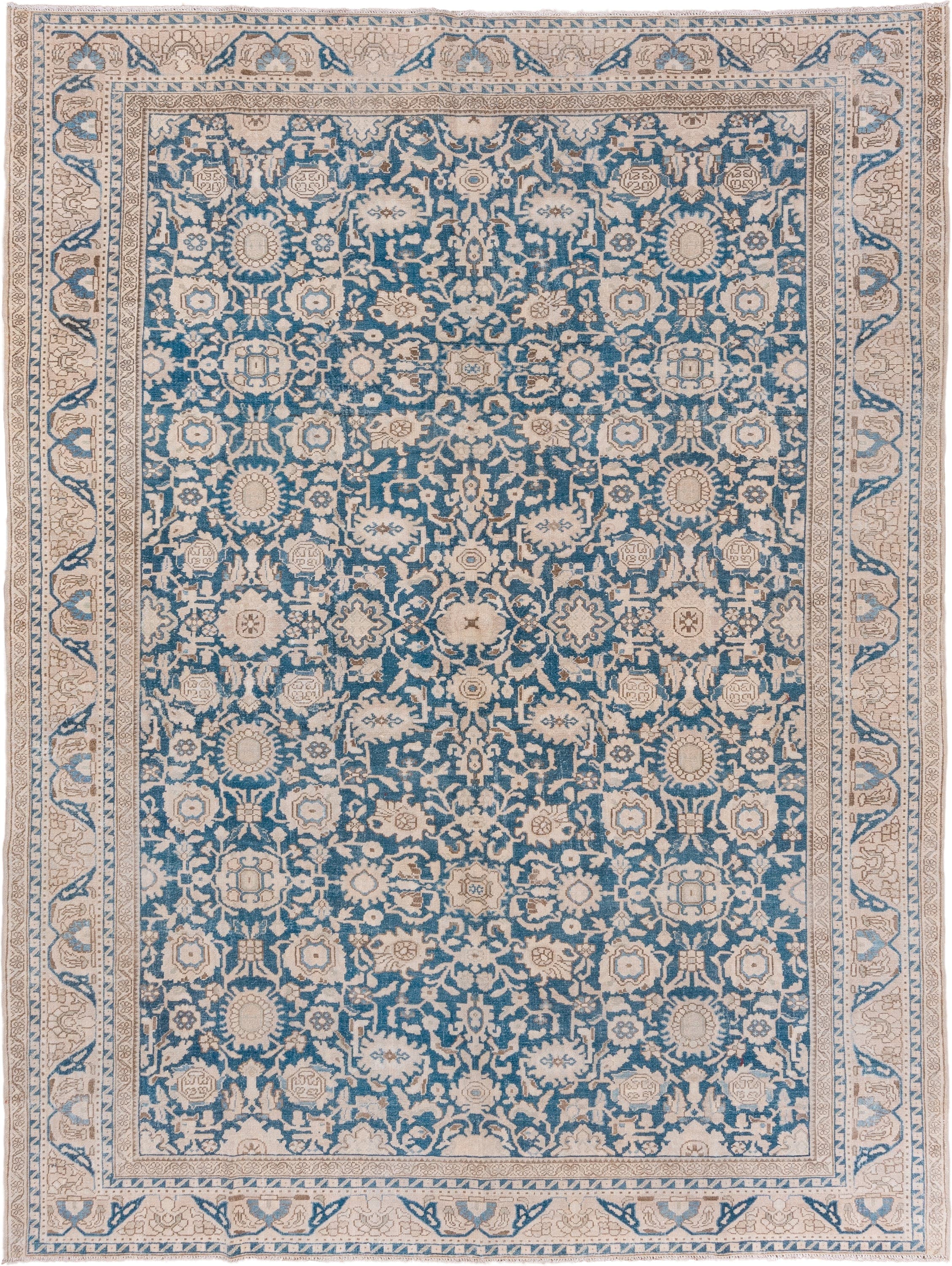 8' x 11' one-of-a-kind handmade vintage Malayer large size rug. Color palette: ivory, sky blue, beige, taupe, camel